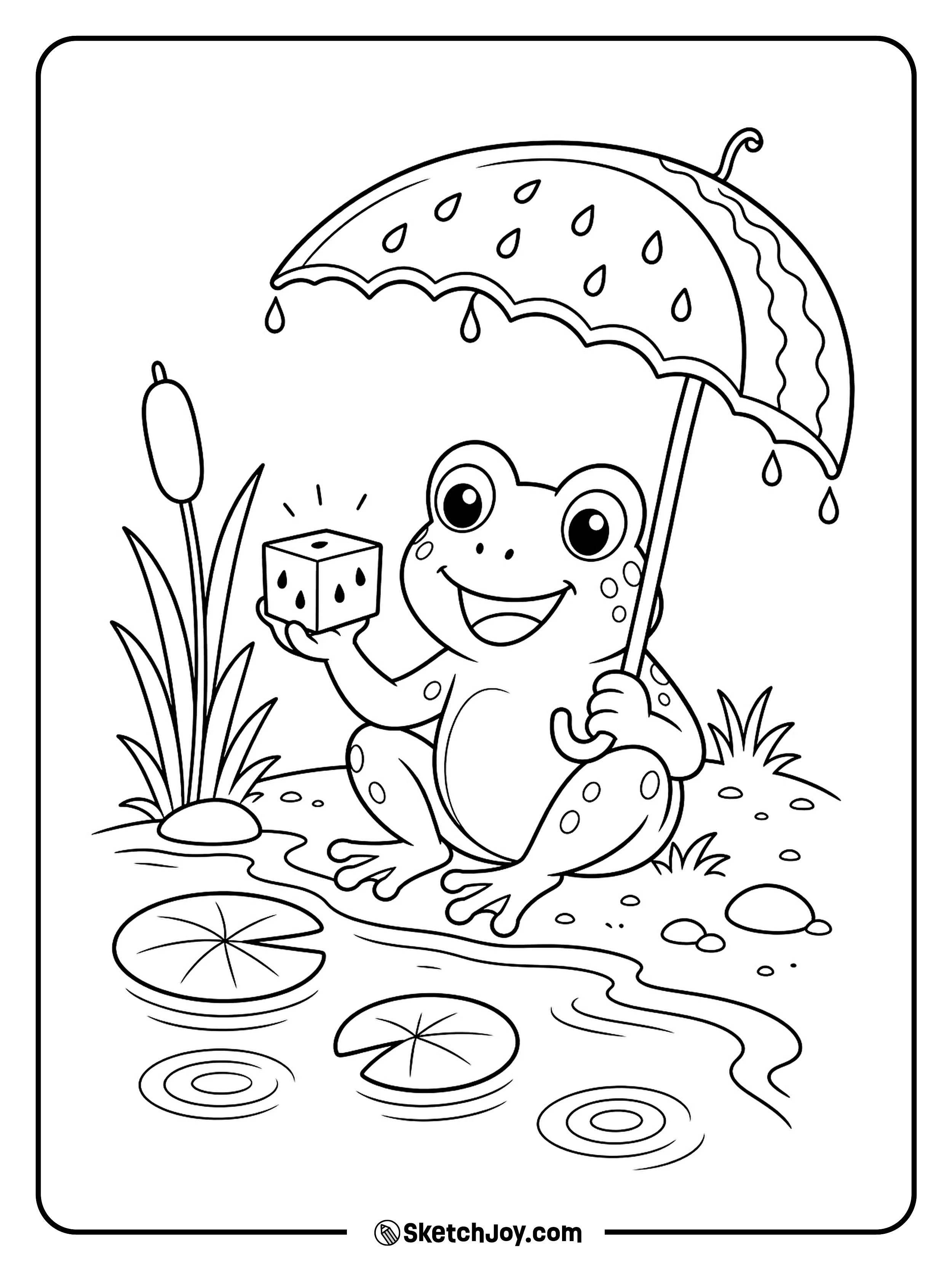 A little frog stays cool beneath an umbrella made from watermelon rind.