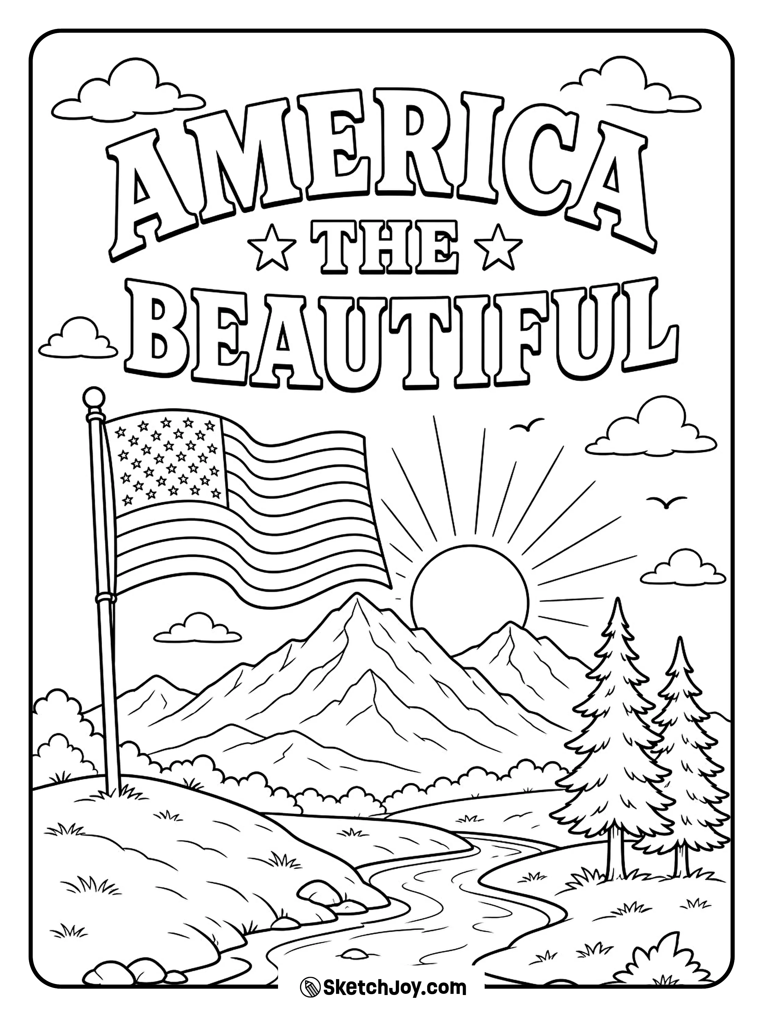 Mountains, fields, and a waving flag form a peaceful American scene.