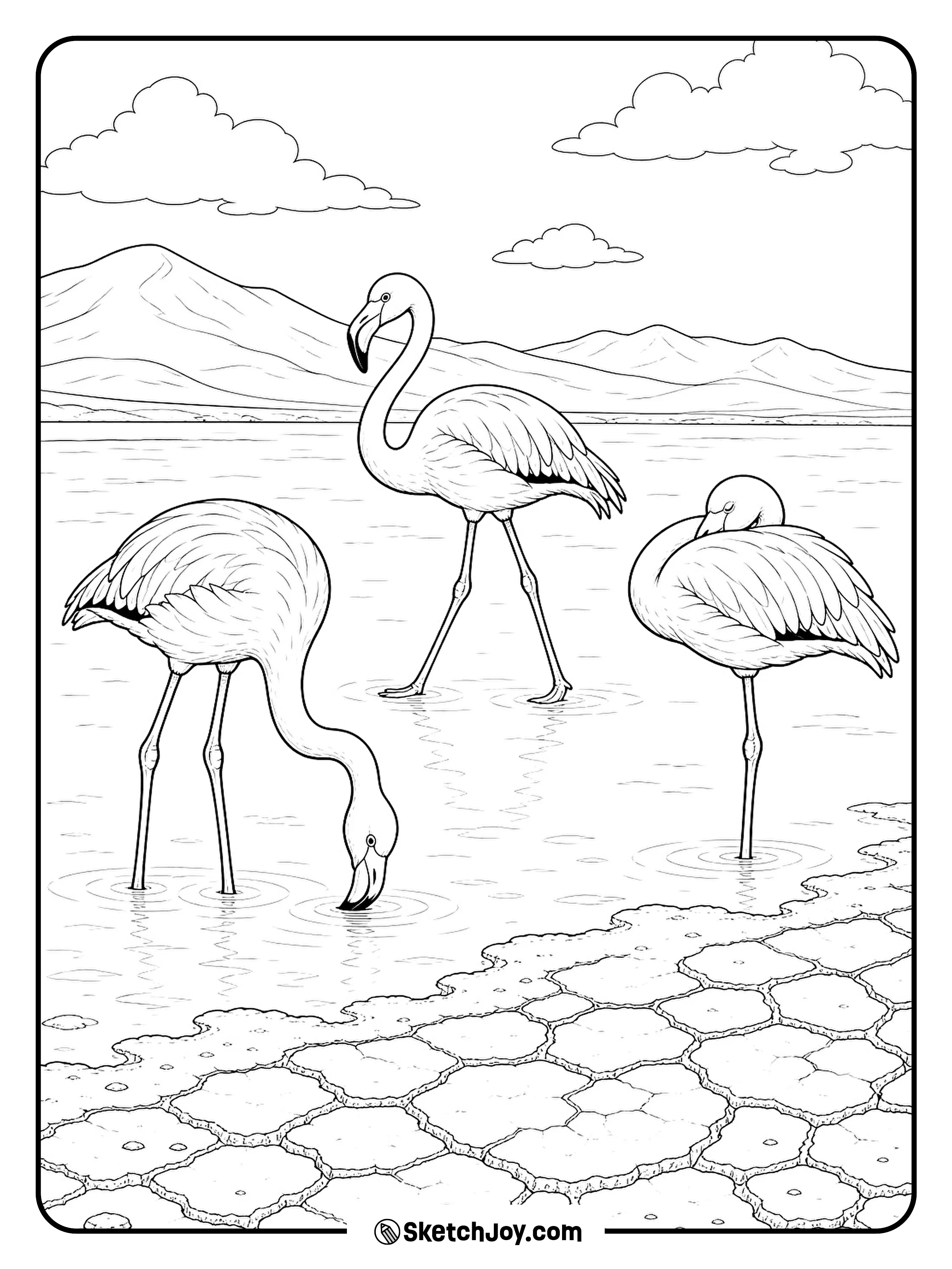 Three Andean flamingos walk across a wide salt lake beneath the hills.