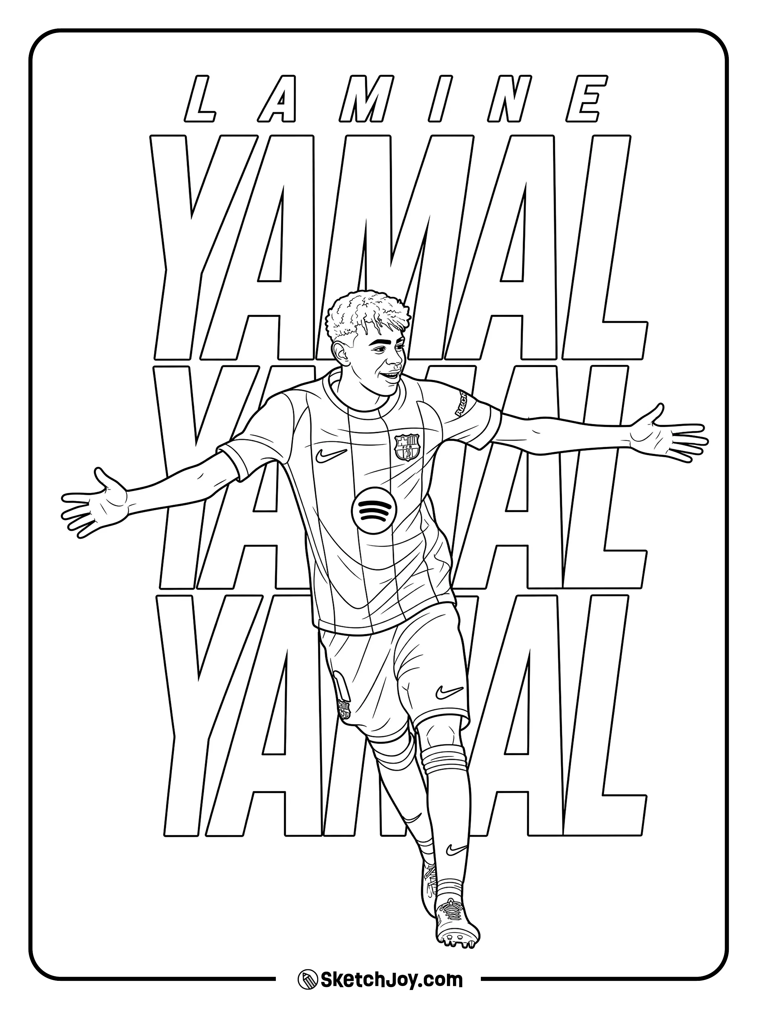 A running celebration with open arms and big name letters in the back.