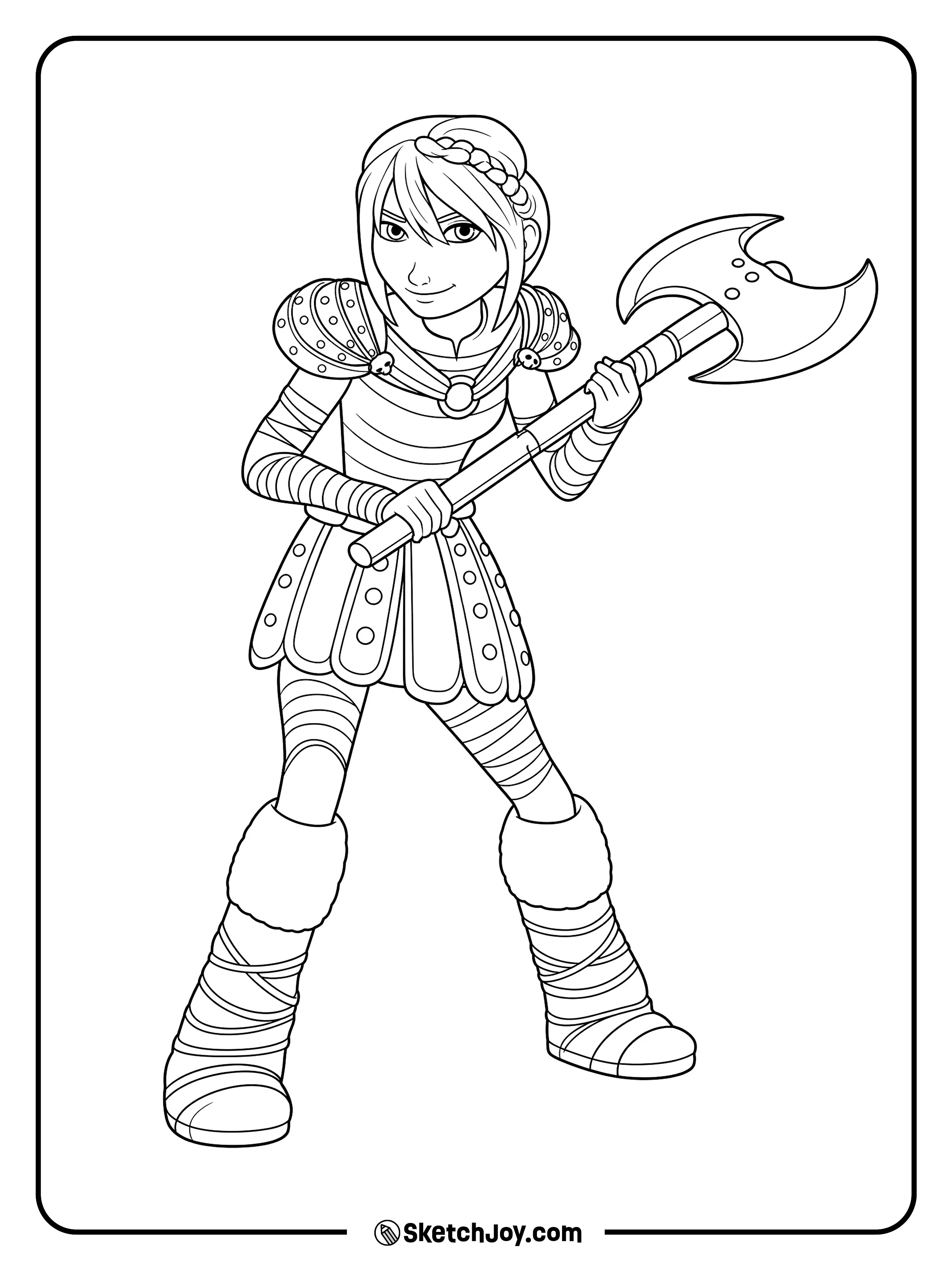 Astrid stands in her Viking gear and holds her axe with a brave look.