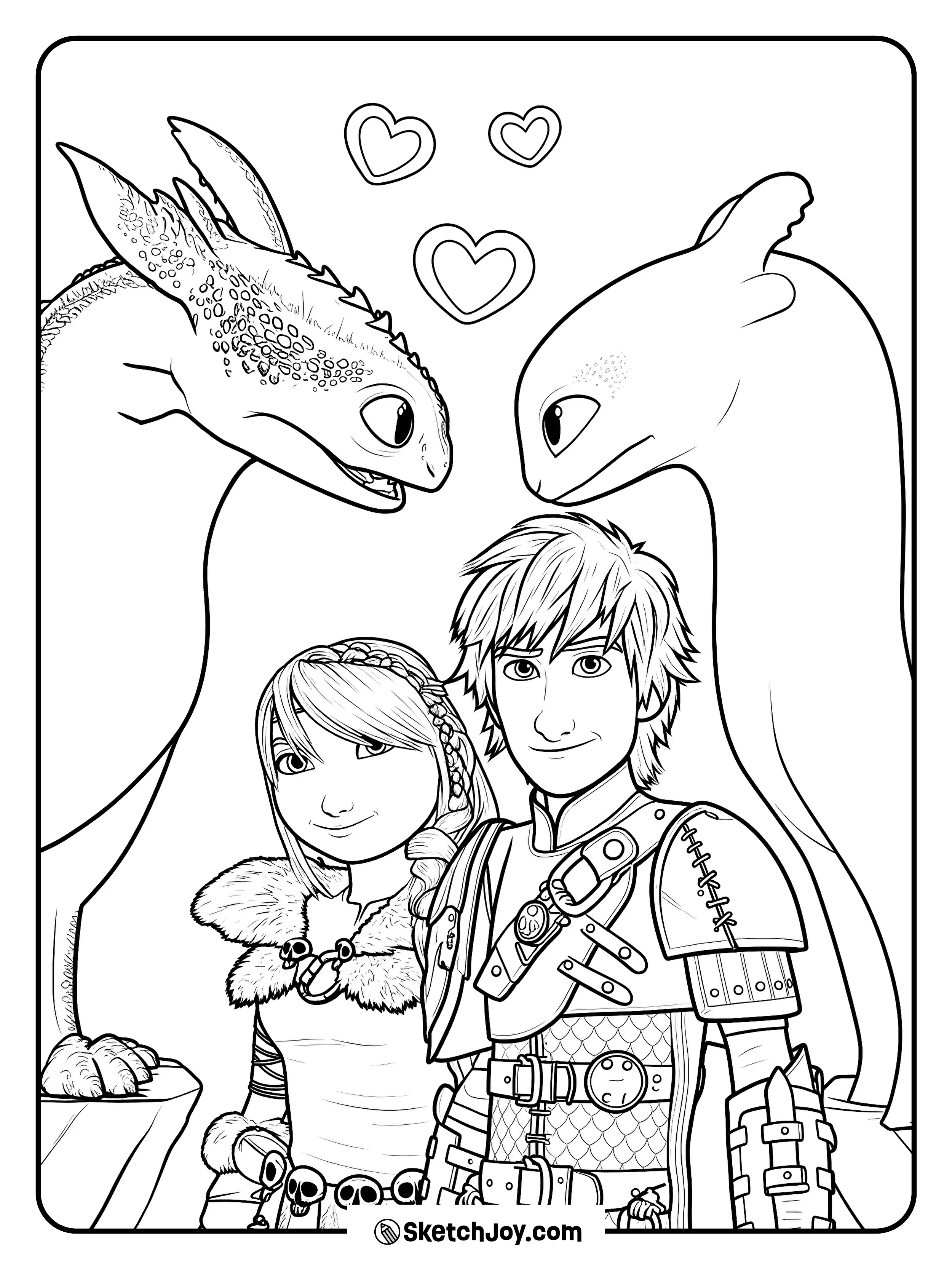 Astrid and Hiccup stand together as Stormfly and Light Fury share a sweet moment above them.