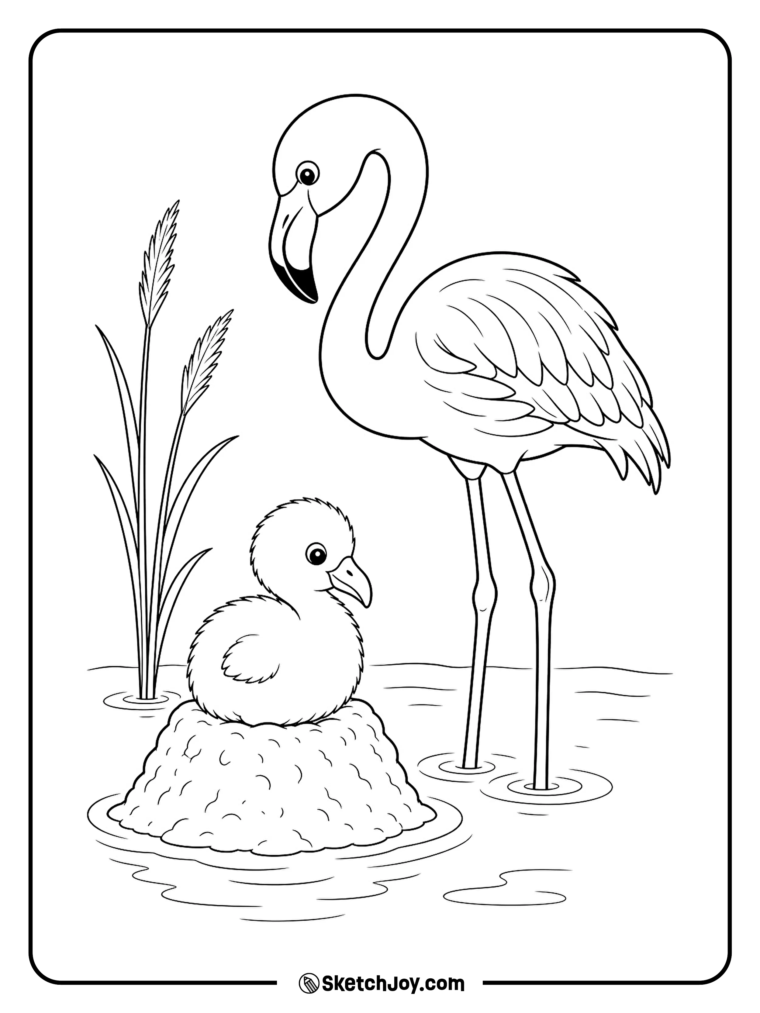 A fluffy flamingo chick rests on a small raised mud nest.