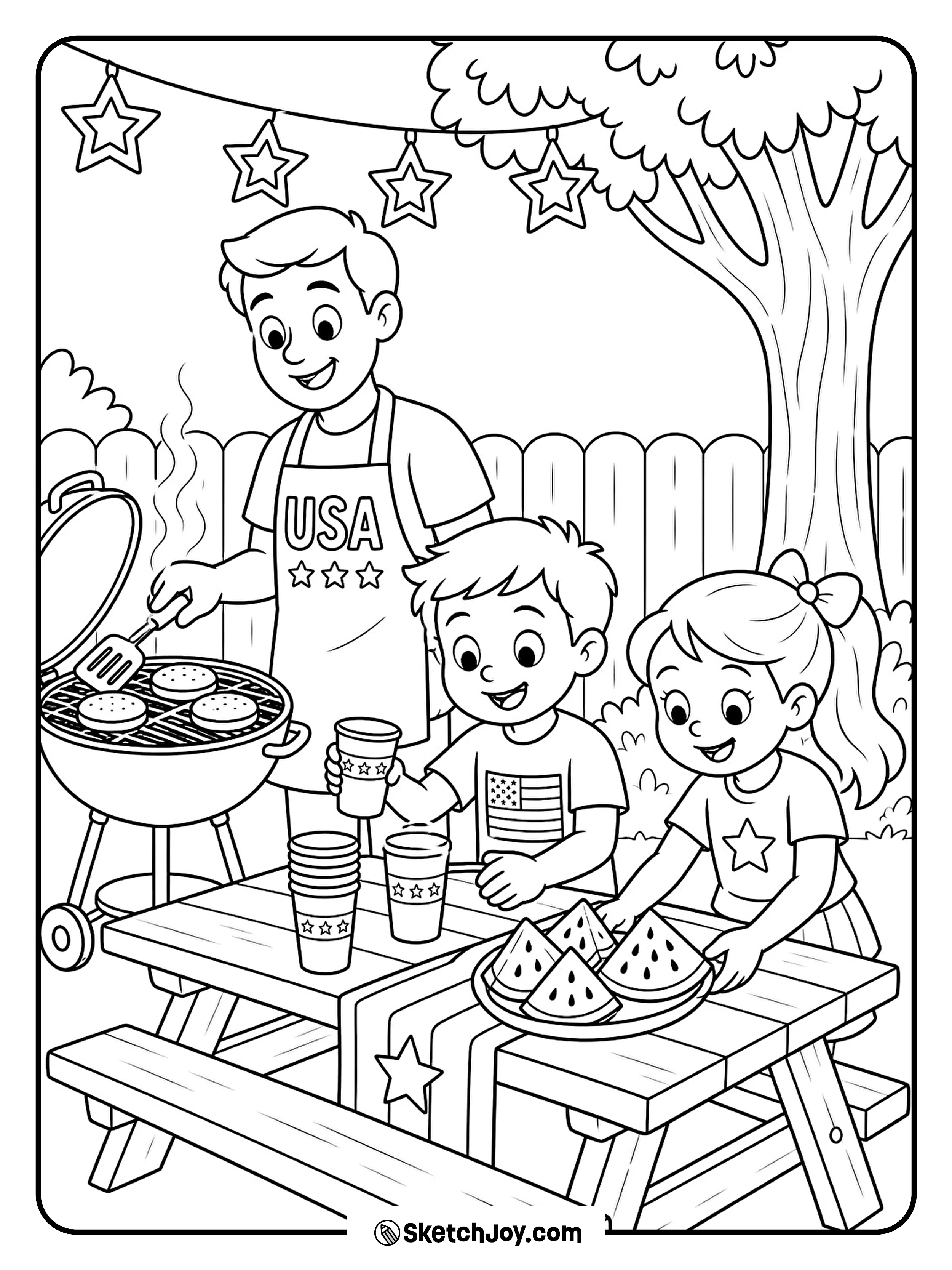 A family cooks burgers and enjoys a sunny holiday meal.