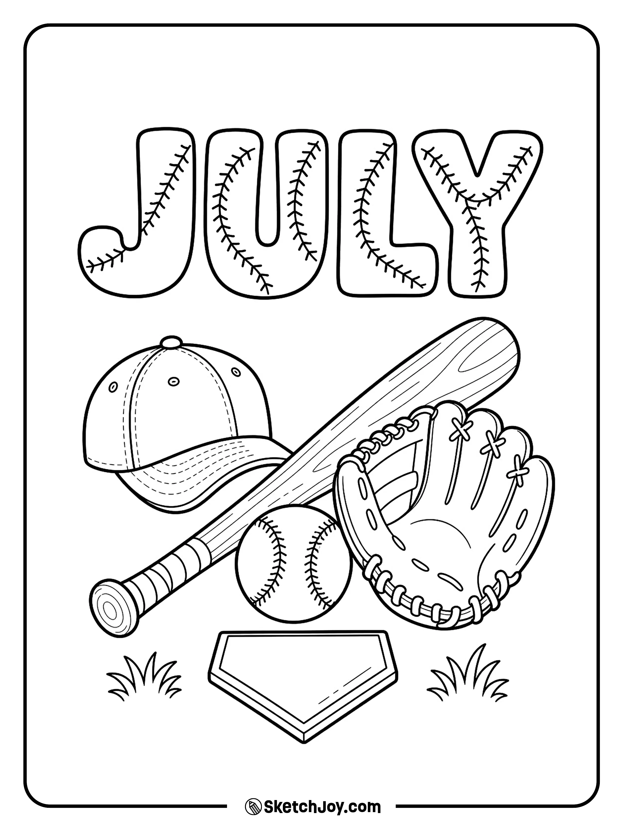 A bat, ball, and cap make a sporty JULY summer design.