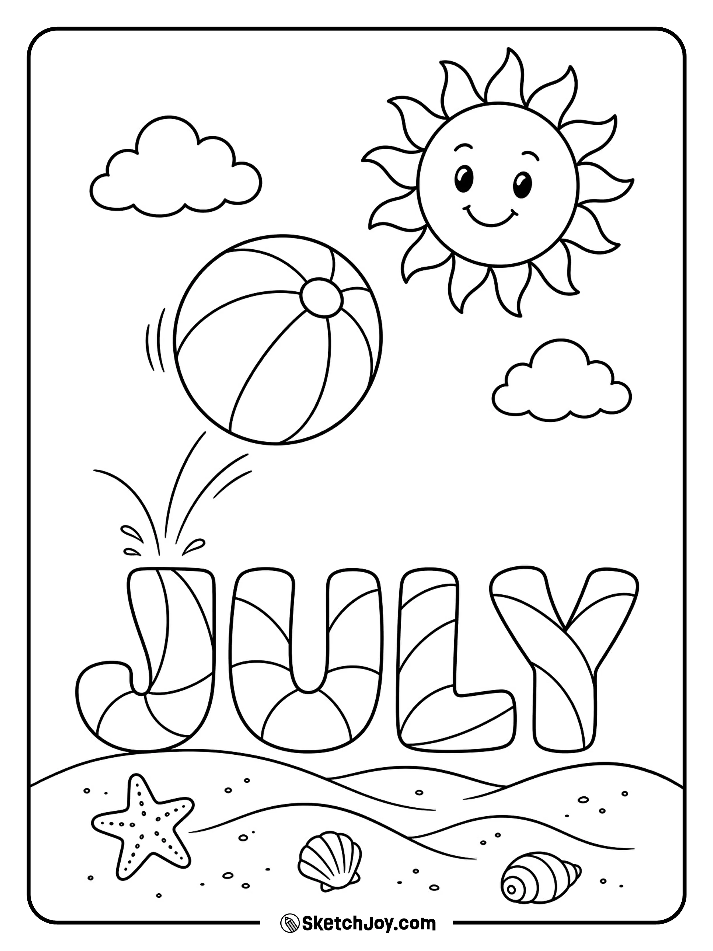 A beach ball and sun make this JULY design feel bright and playful.