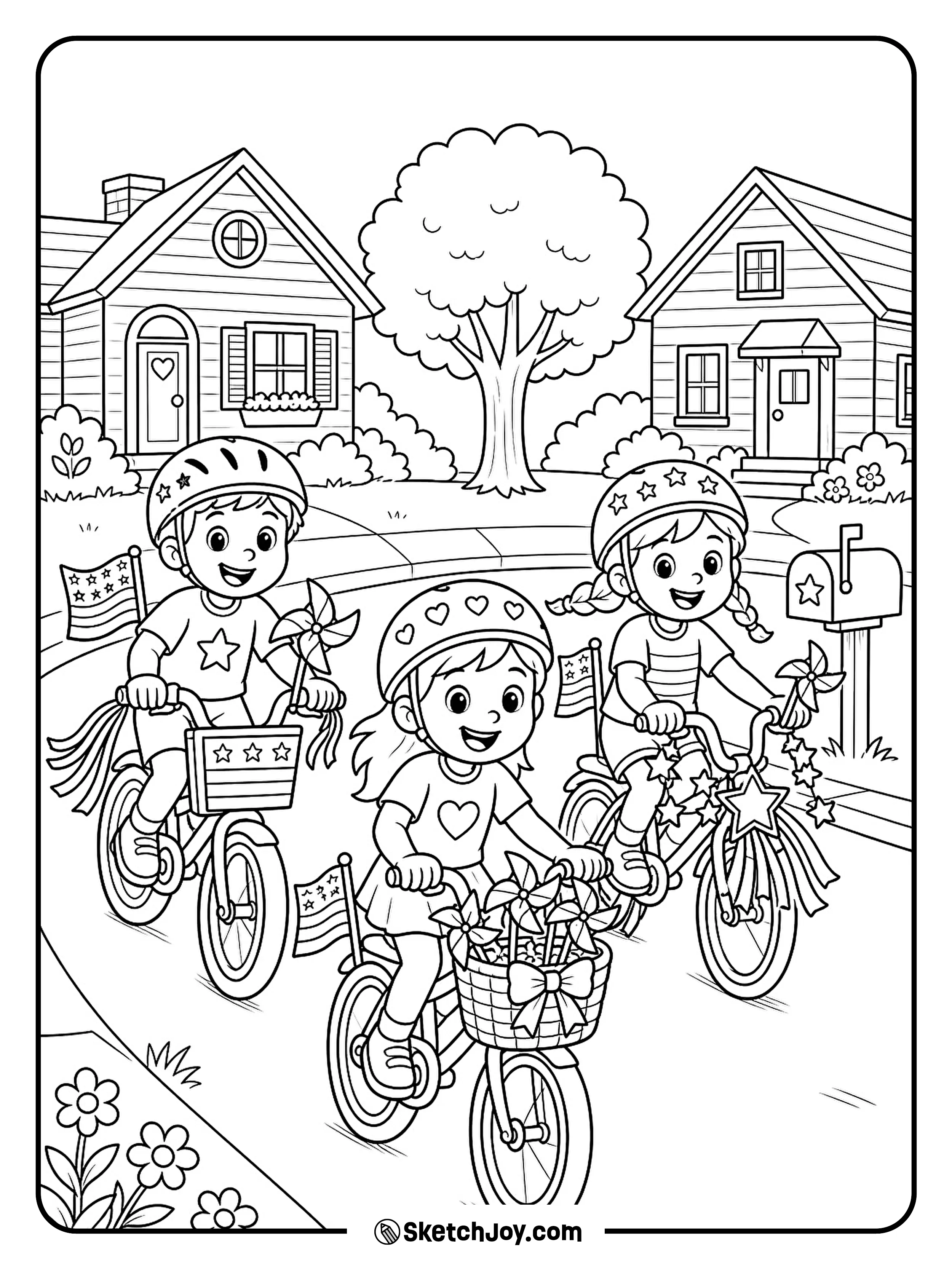 Children ride decorated bicycles along a quiet neighborhood street.