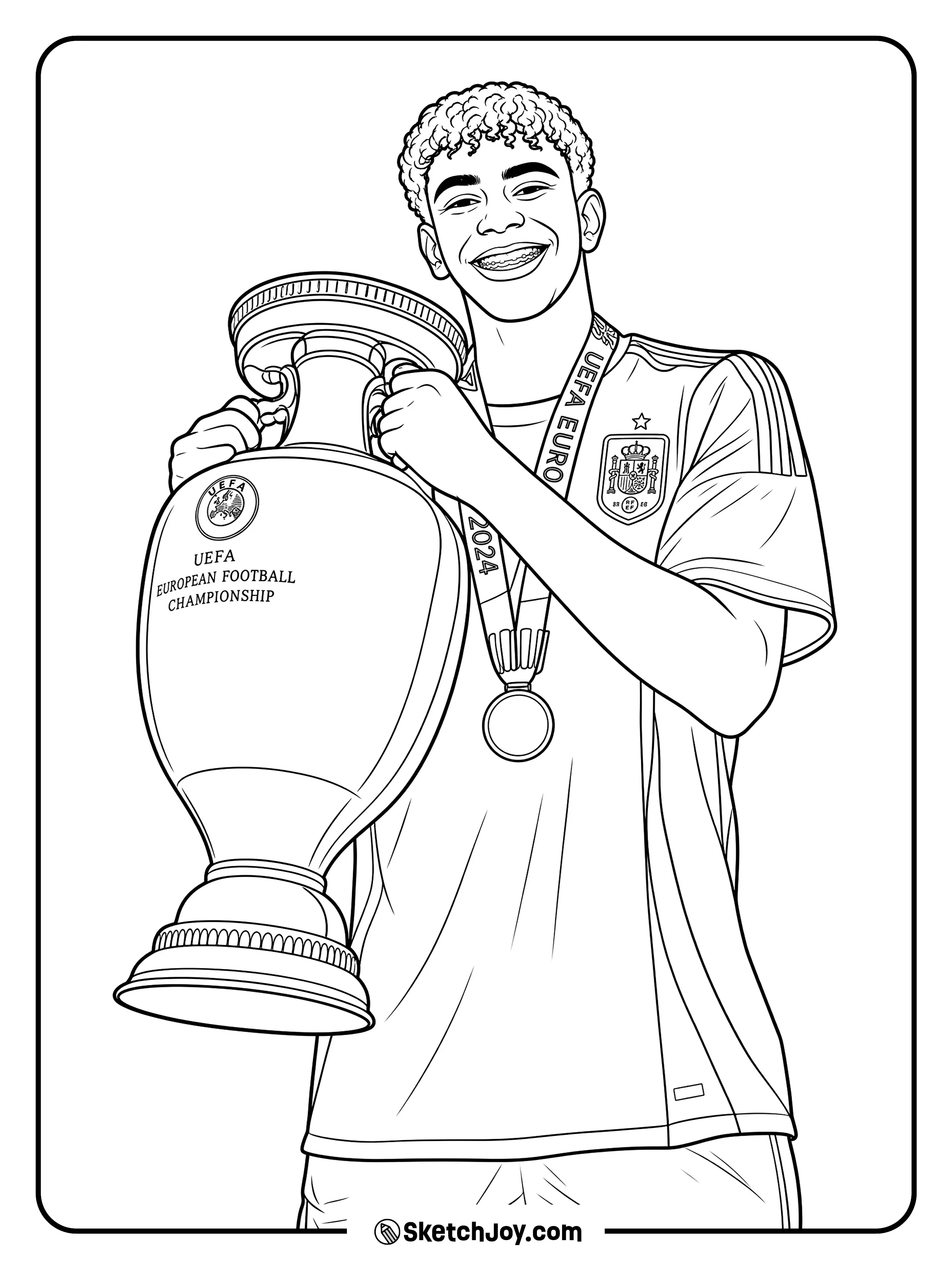 A happy award pose with a medal and a large football trophy.