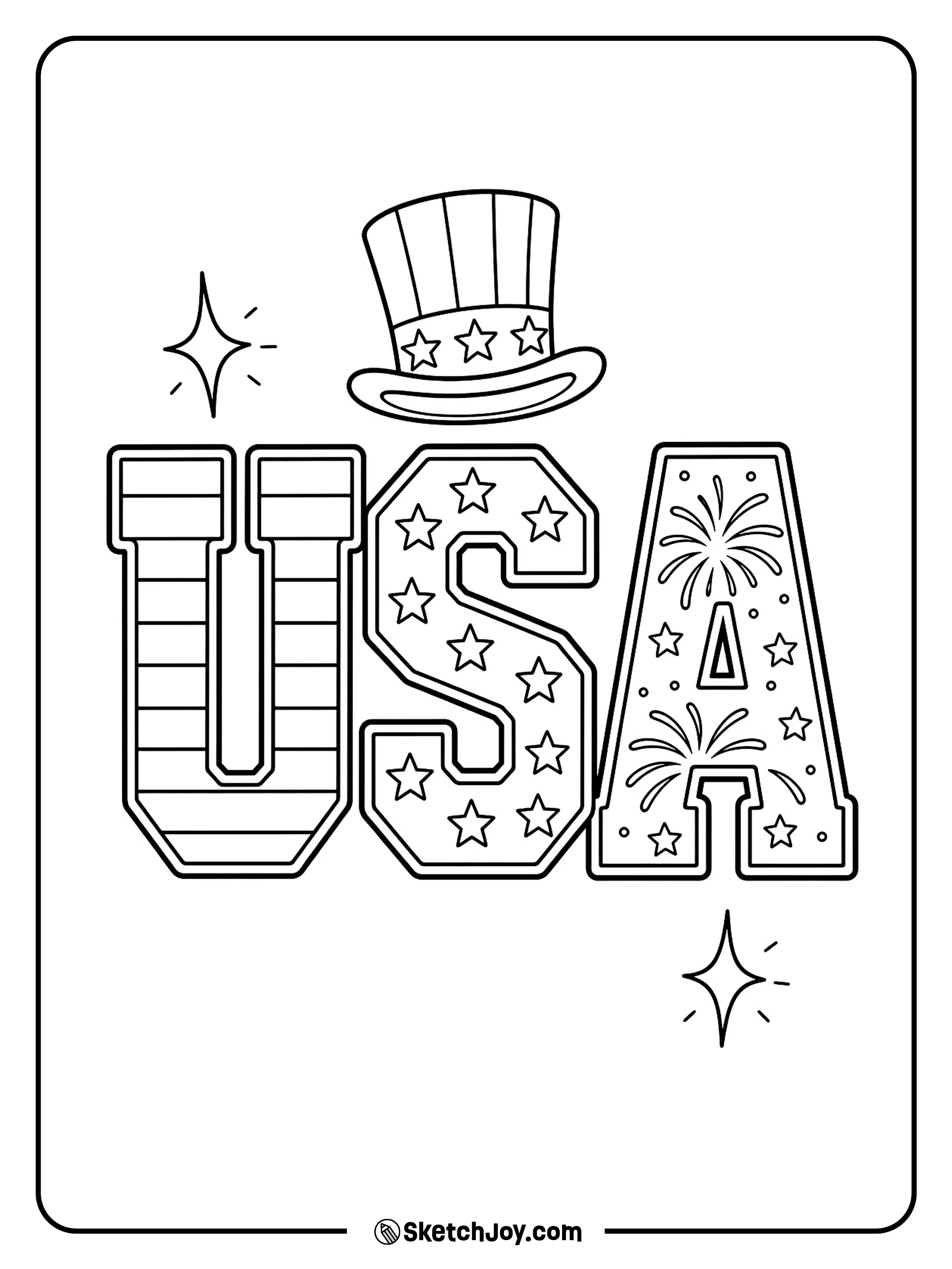 Bold USA letters are packed with stars, stripes, and holiday fun.