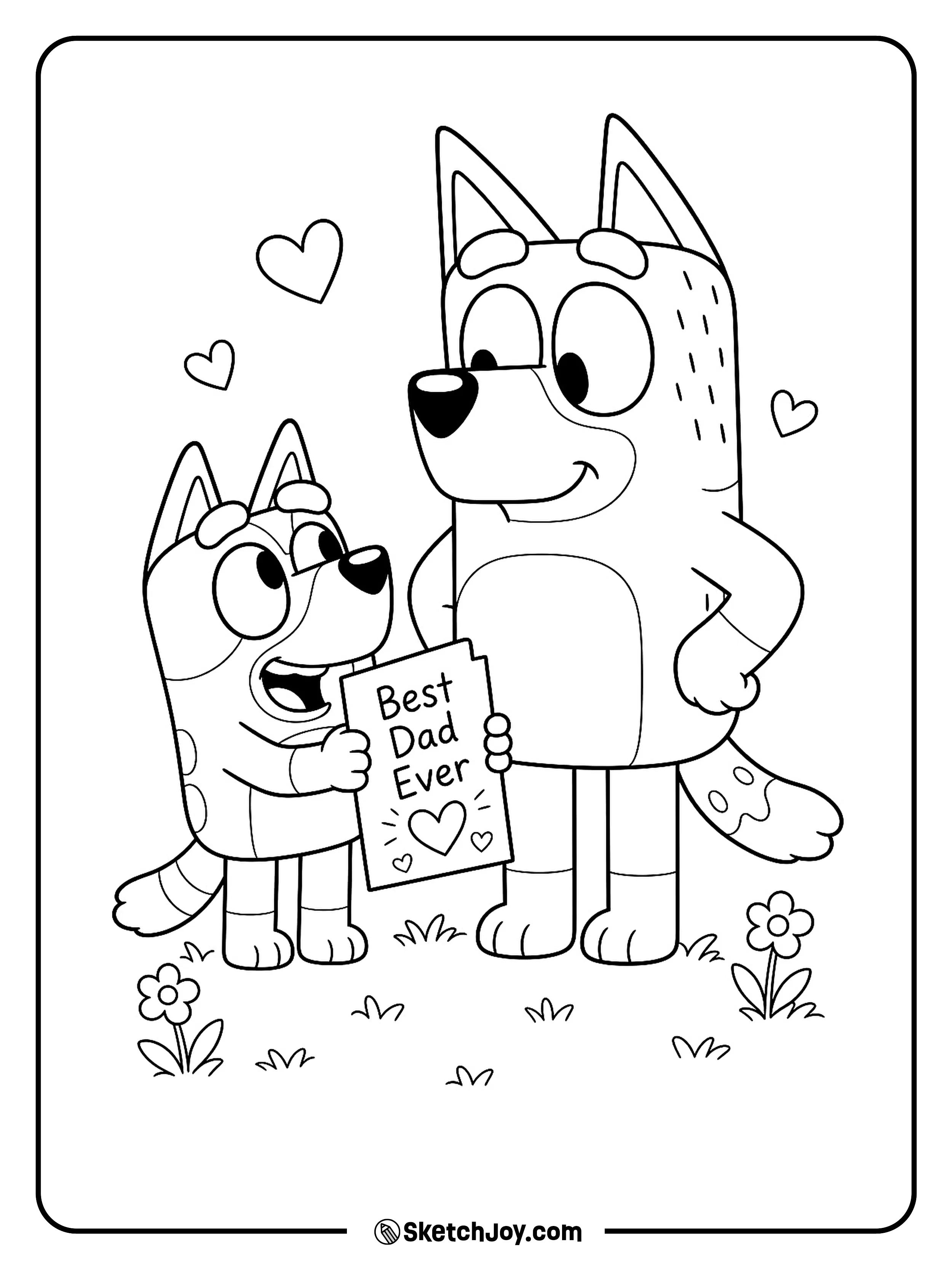 Bluey stands next to Bandit and gives him a big Fatherâs Day smile.