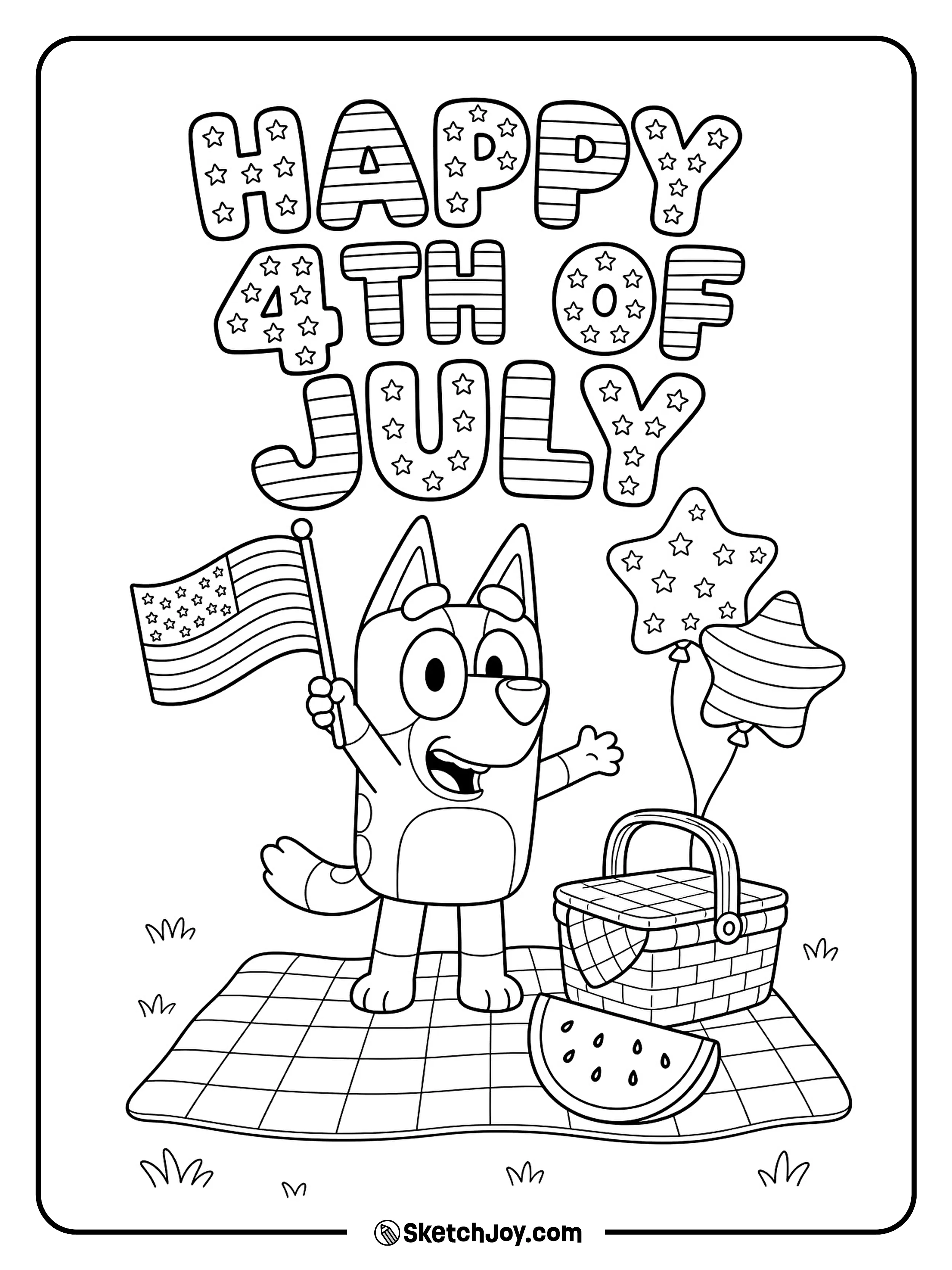 Bluey waves a small flag beside a picnic basket.