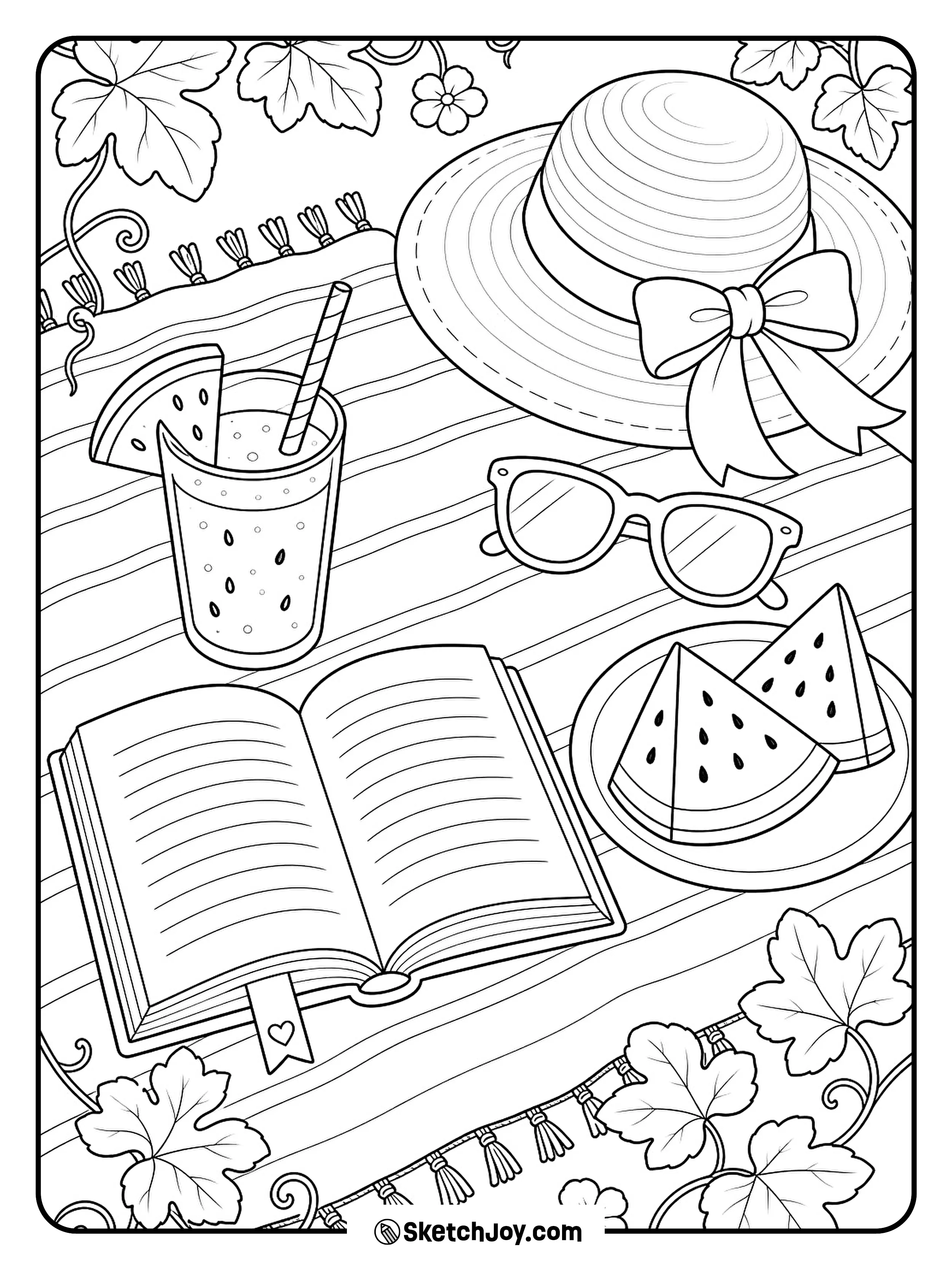 A peaceful reading spot includes books, a cold drink, and fresh watermelon.