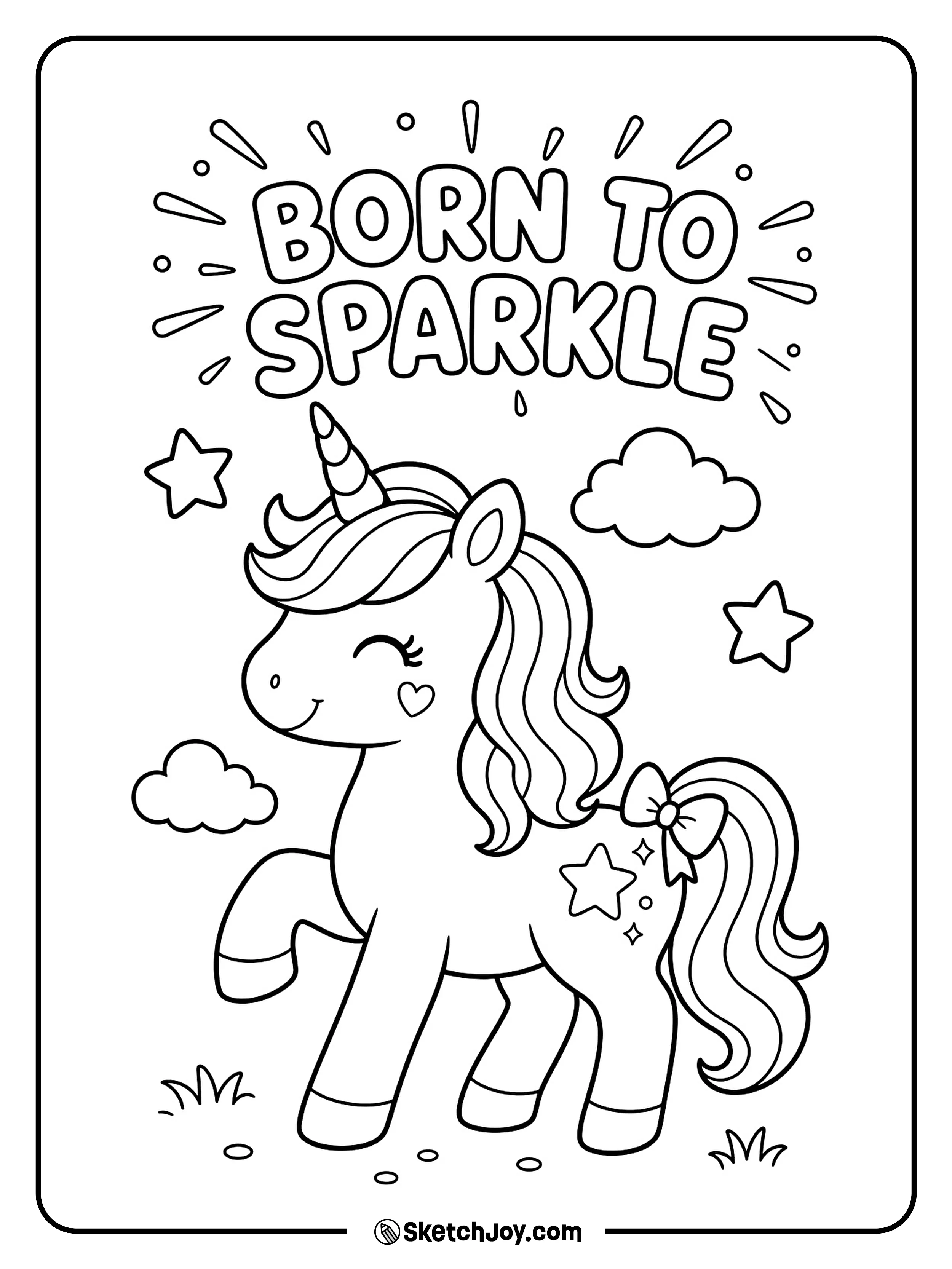 A cute unicorn poses under starry holiday lettering.