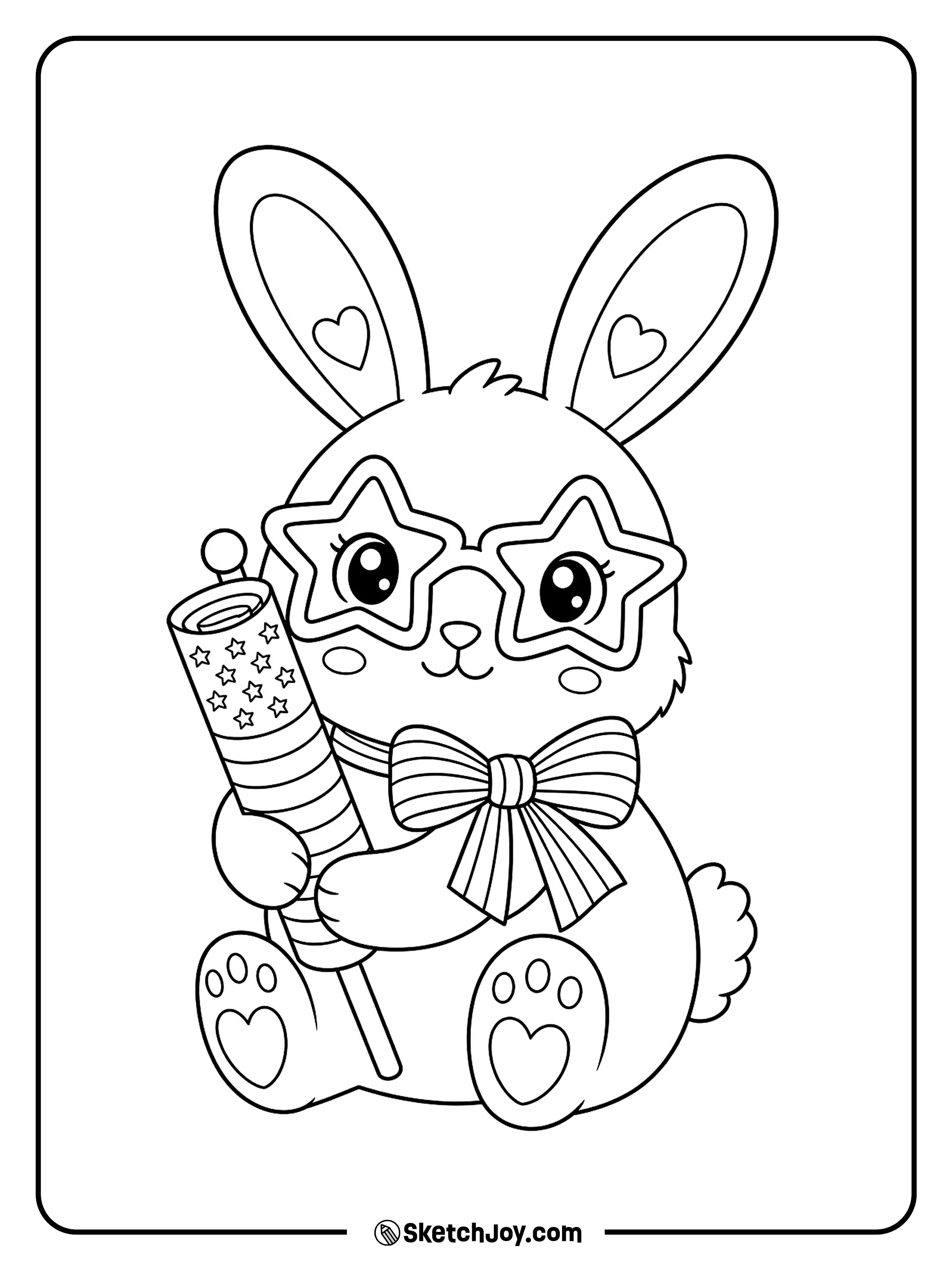 A sweet bunny wears star glasses and hugs a small flag.