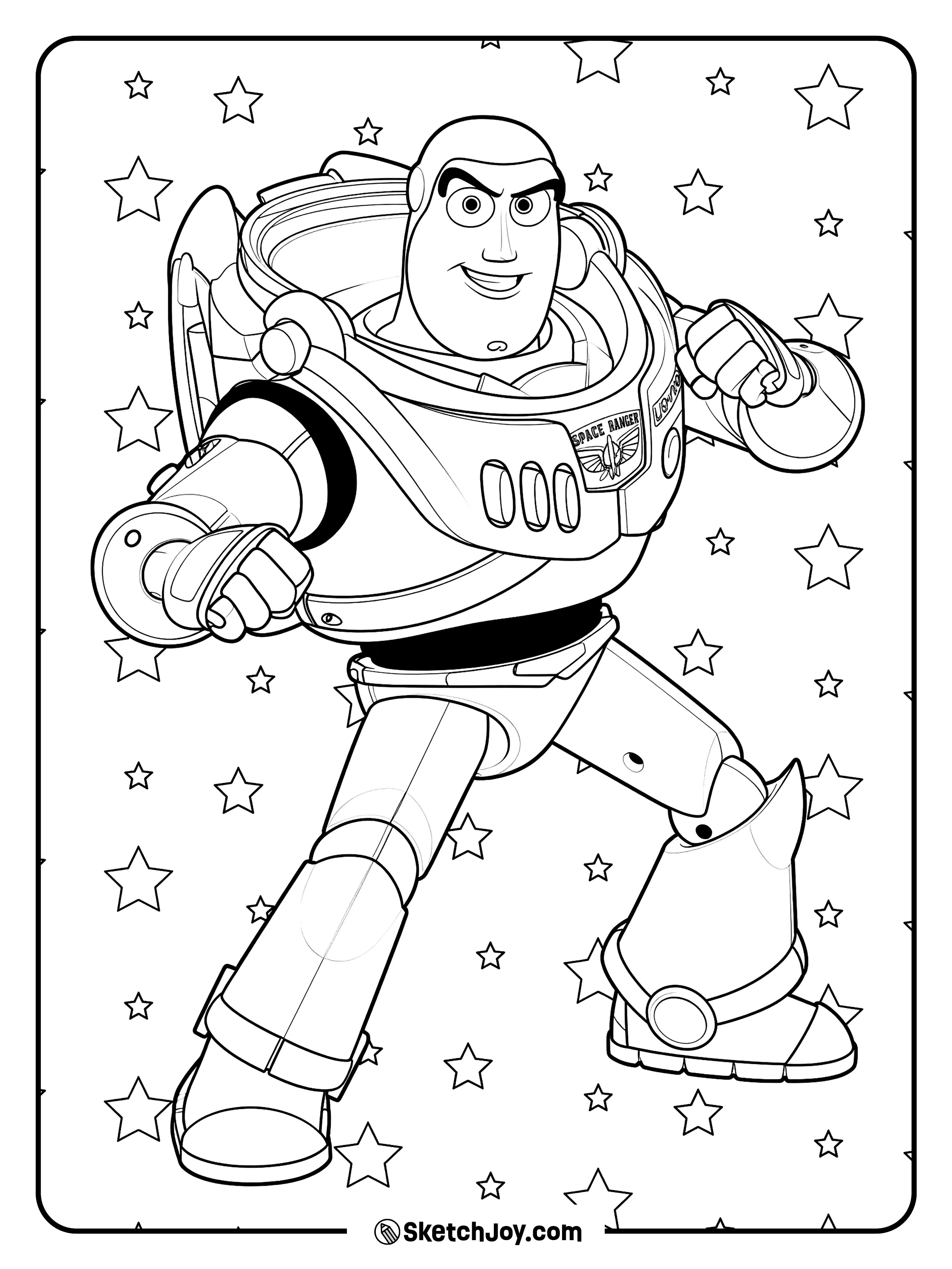 Buzz takes a strong space ranger pose among bright stars.