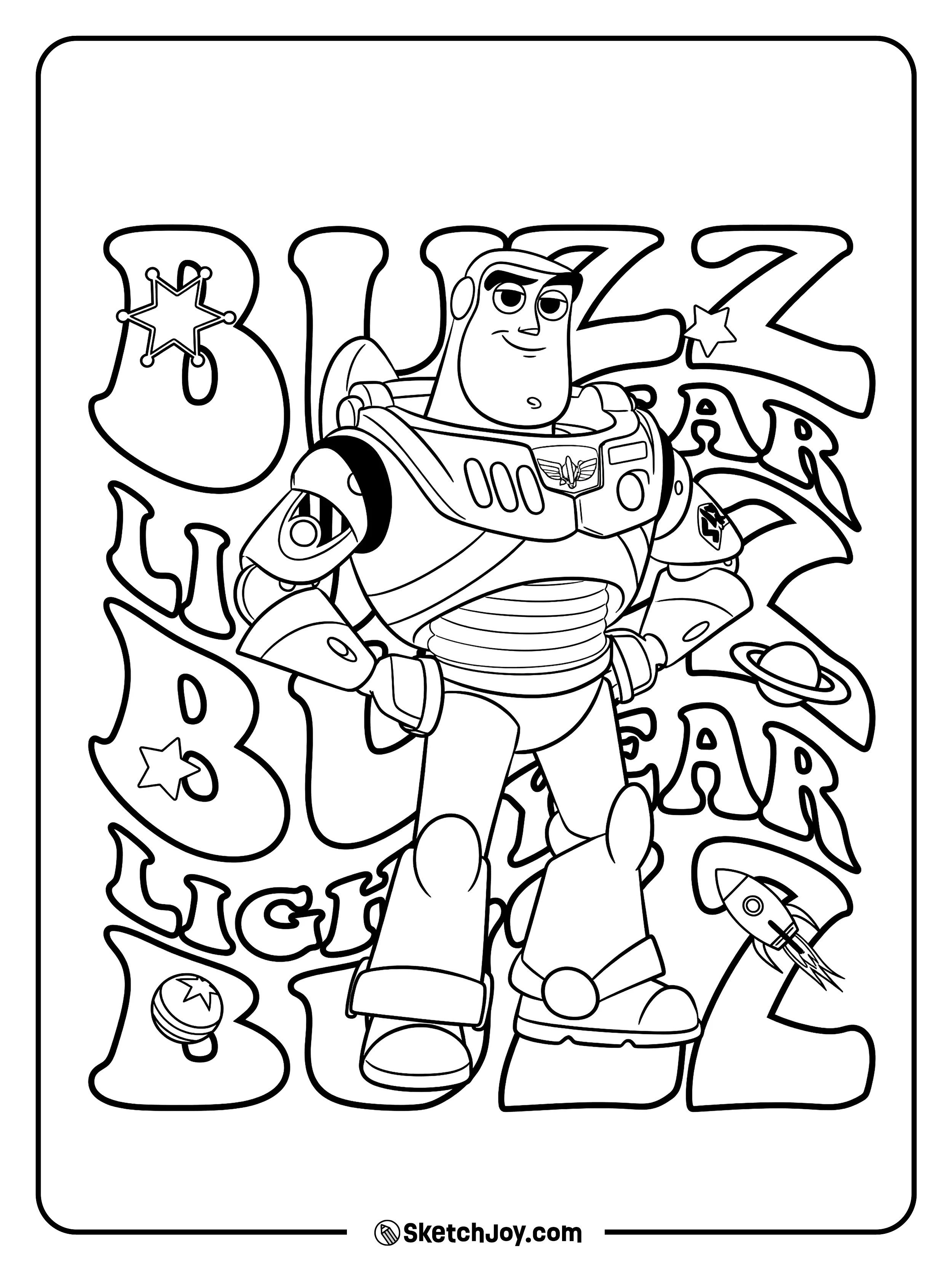 Buzz stands proudly among rockets, stars, and his name.