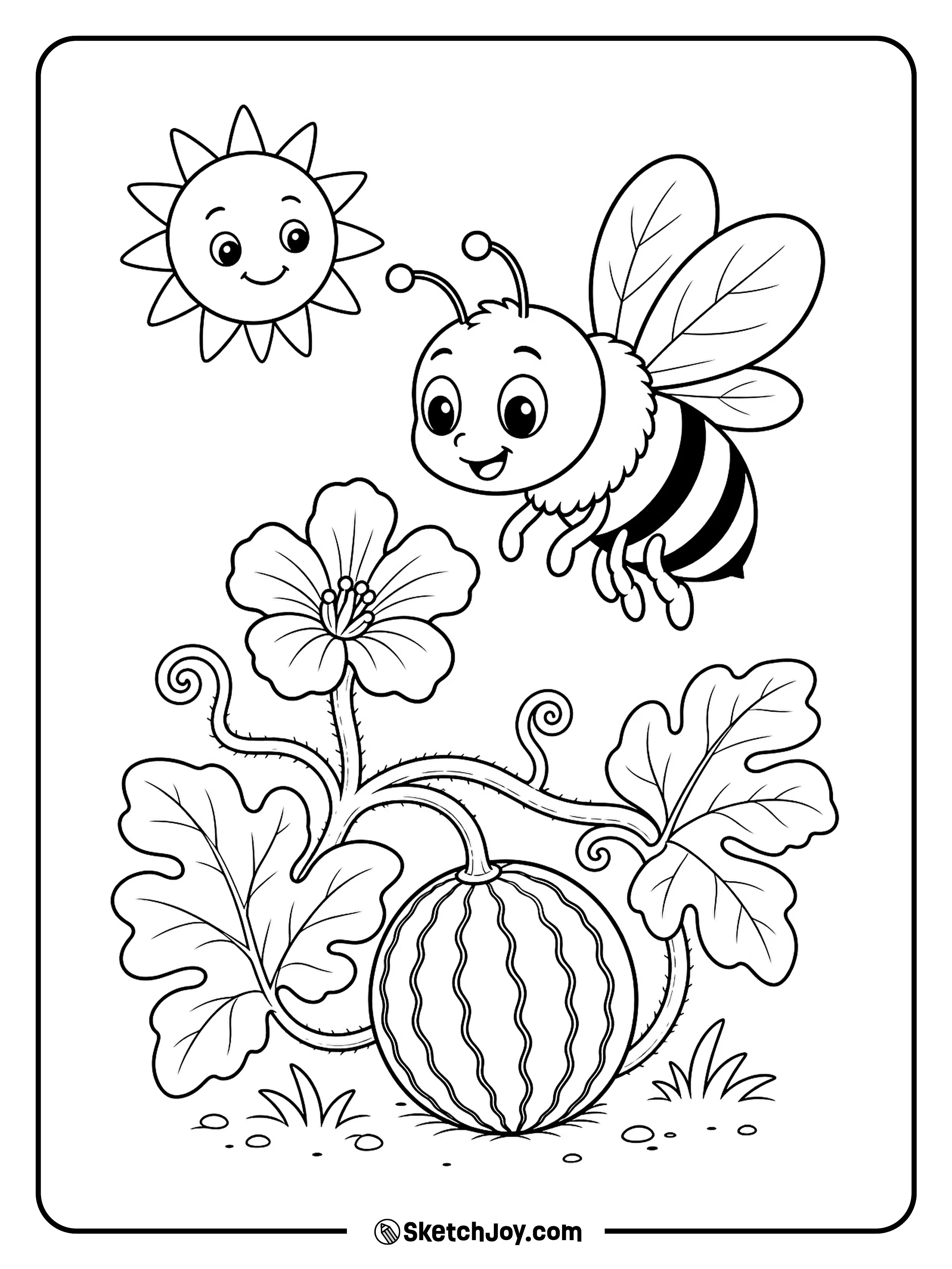 A happy bee visits a flower growing beside a young watermelon.