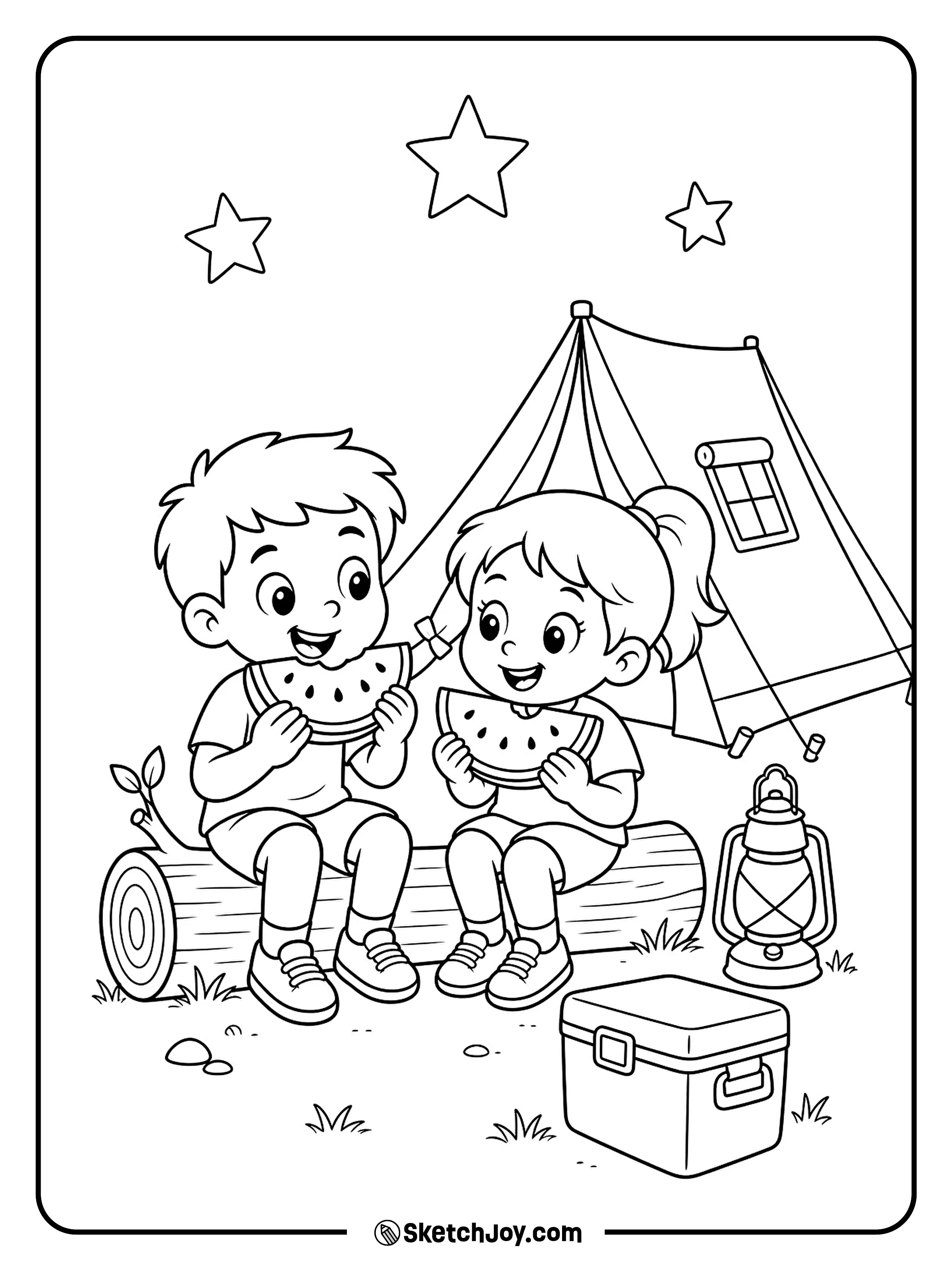 Two campers share watermelon outside a small tent beneath the stars.