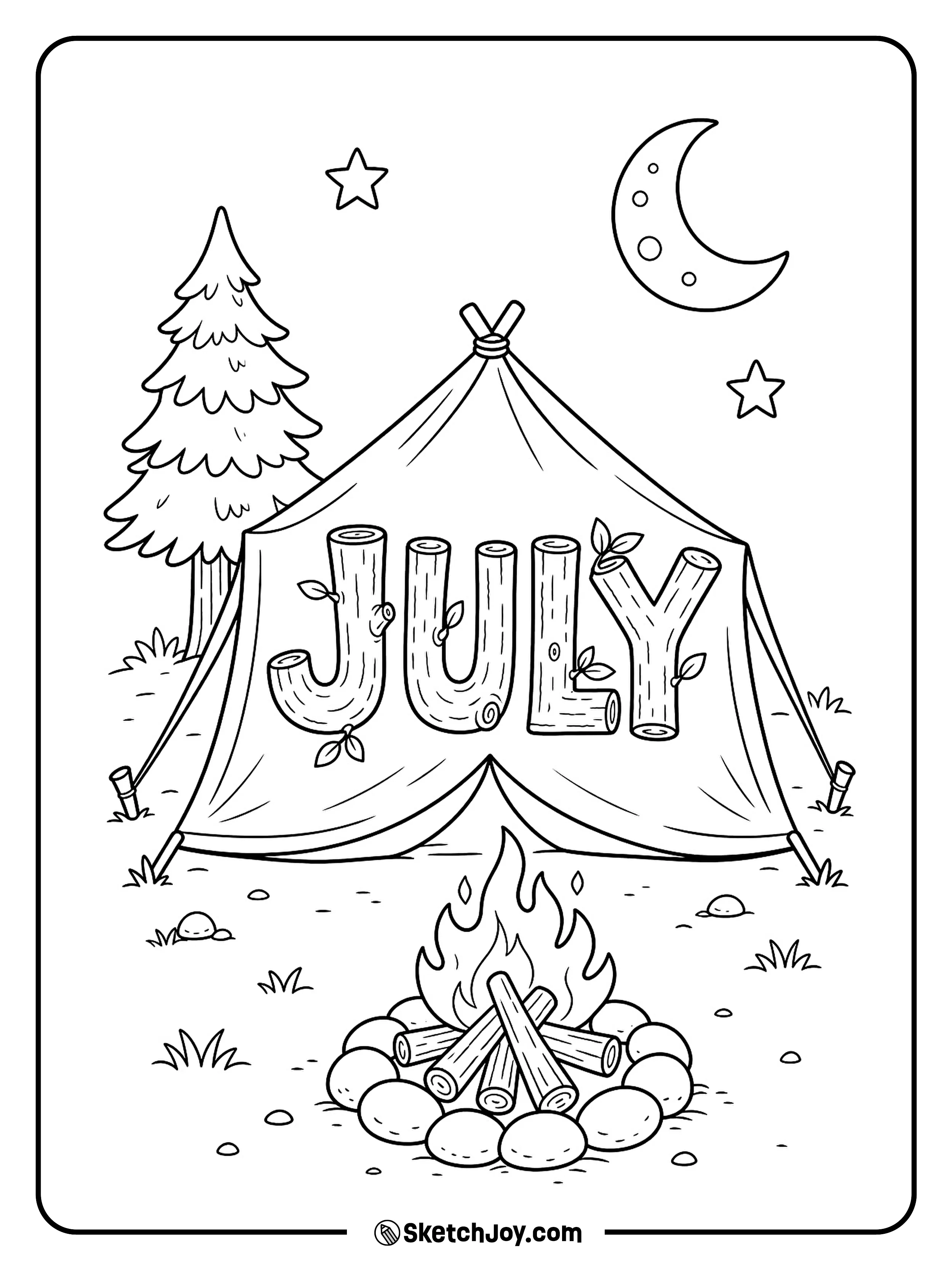 A tent, moon, and small campfire make JULY feel like a summer camp night.