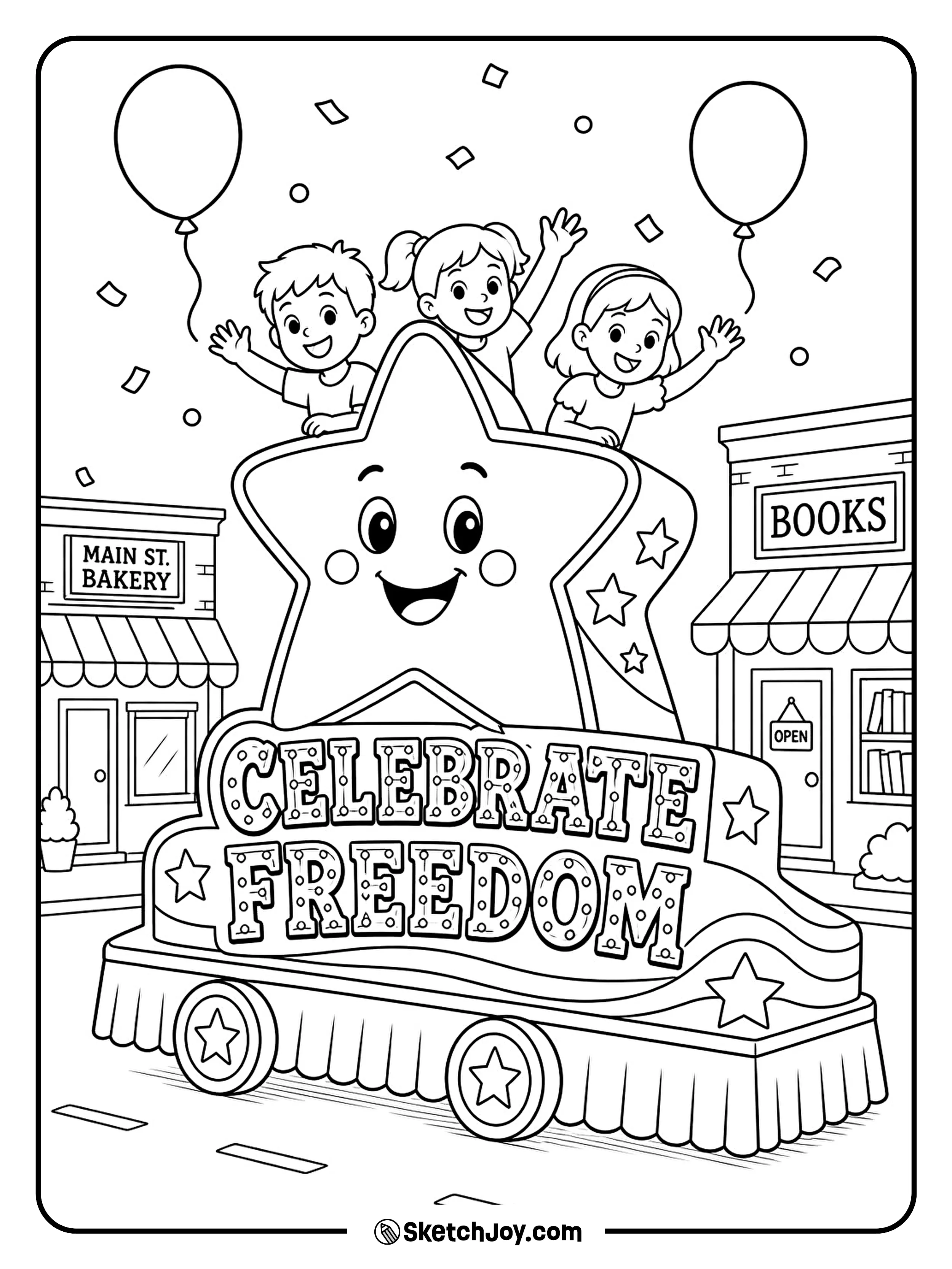A star-shaped float rolls through a cheerful town parade.