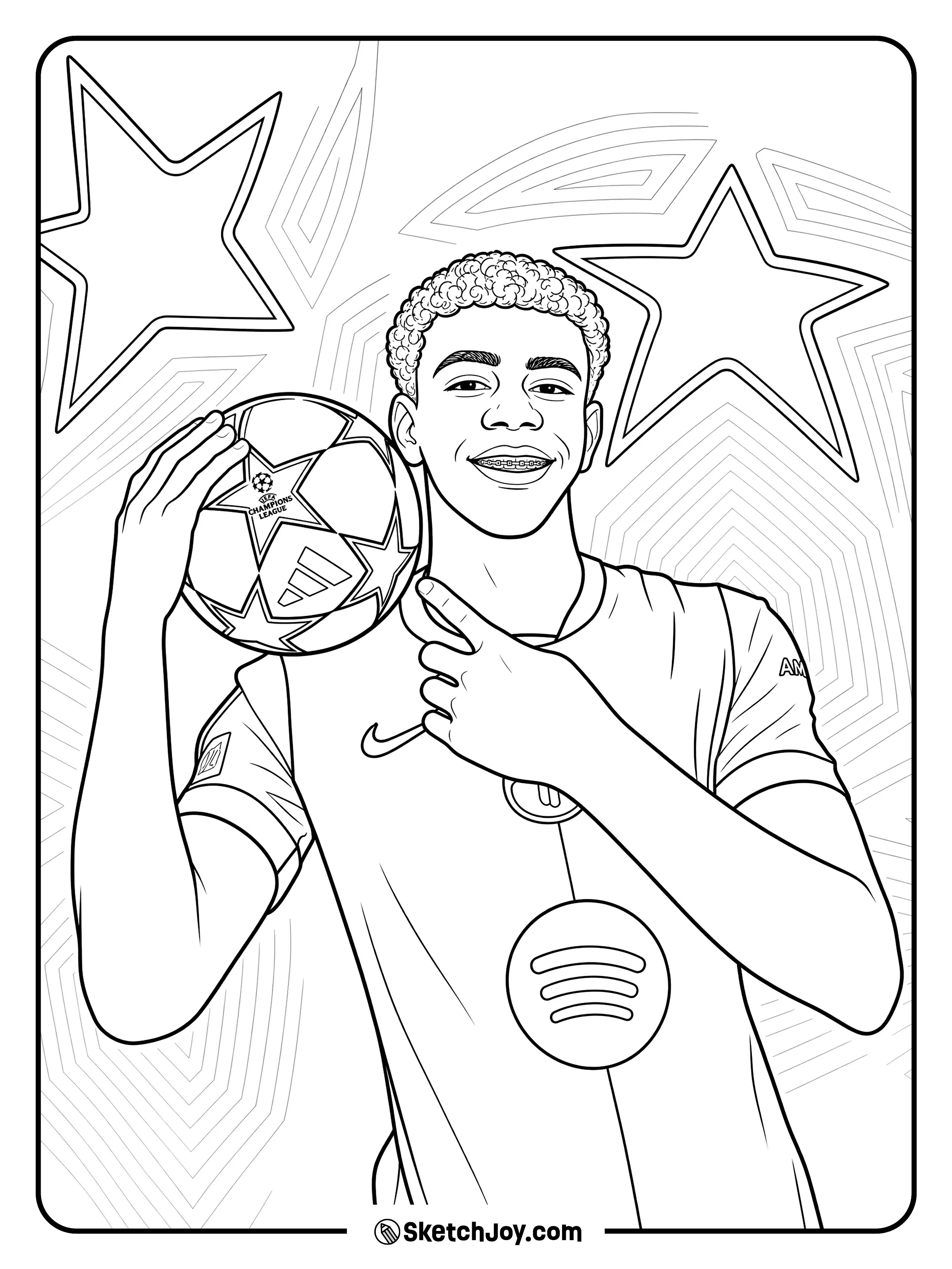 A smiling portrait with a star ball and simple star shapes in the background.