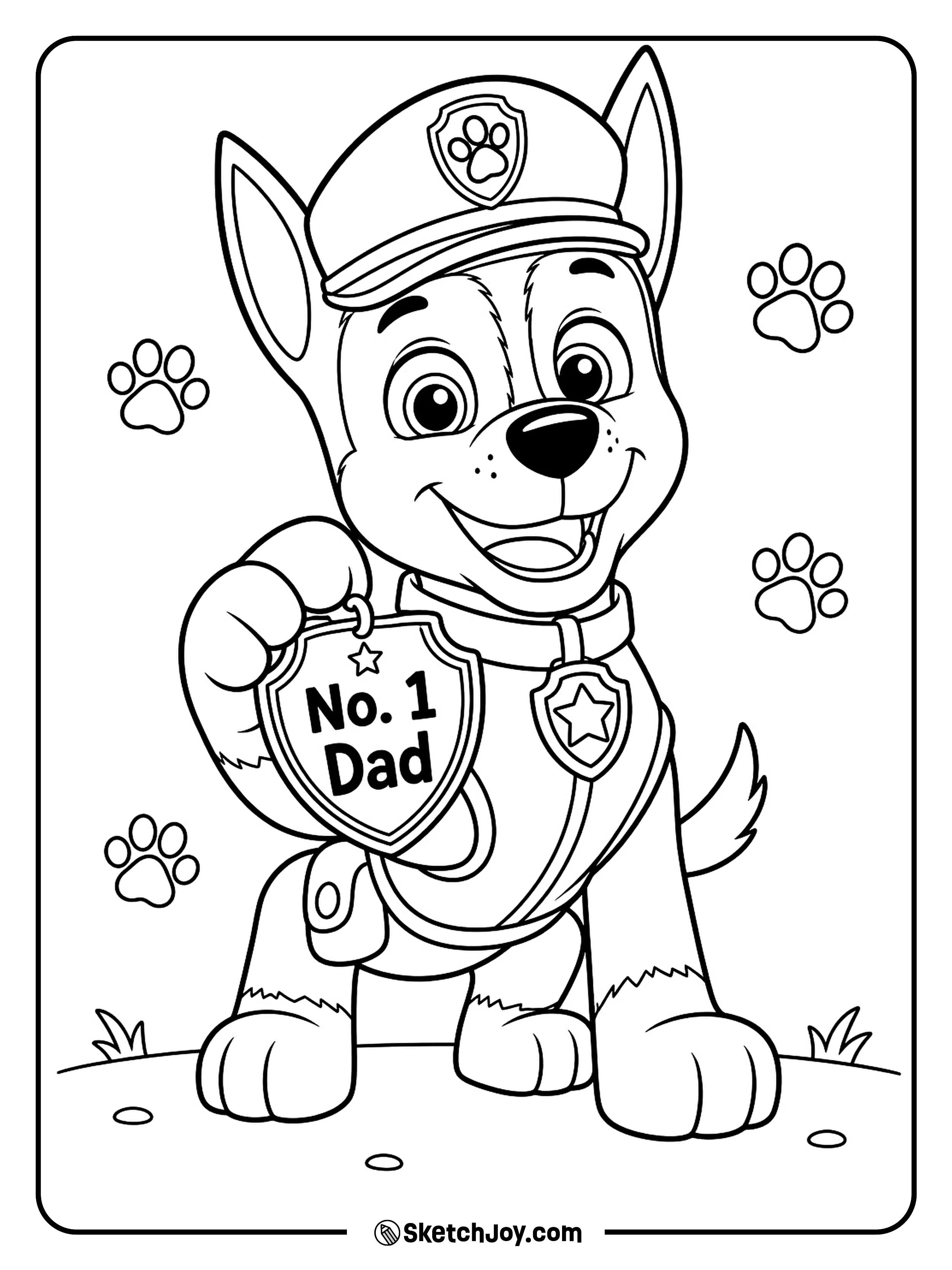 Chase proudly shows a Fatherâs Day badge for Dad.
