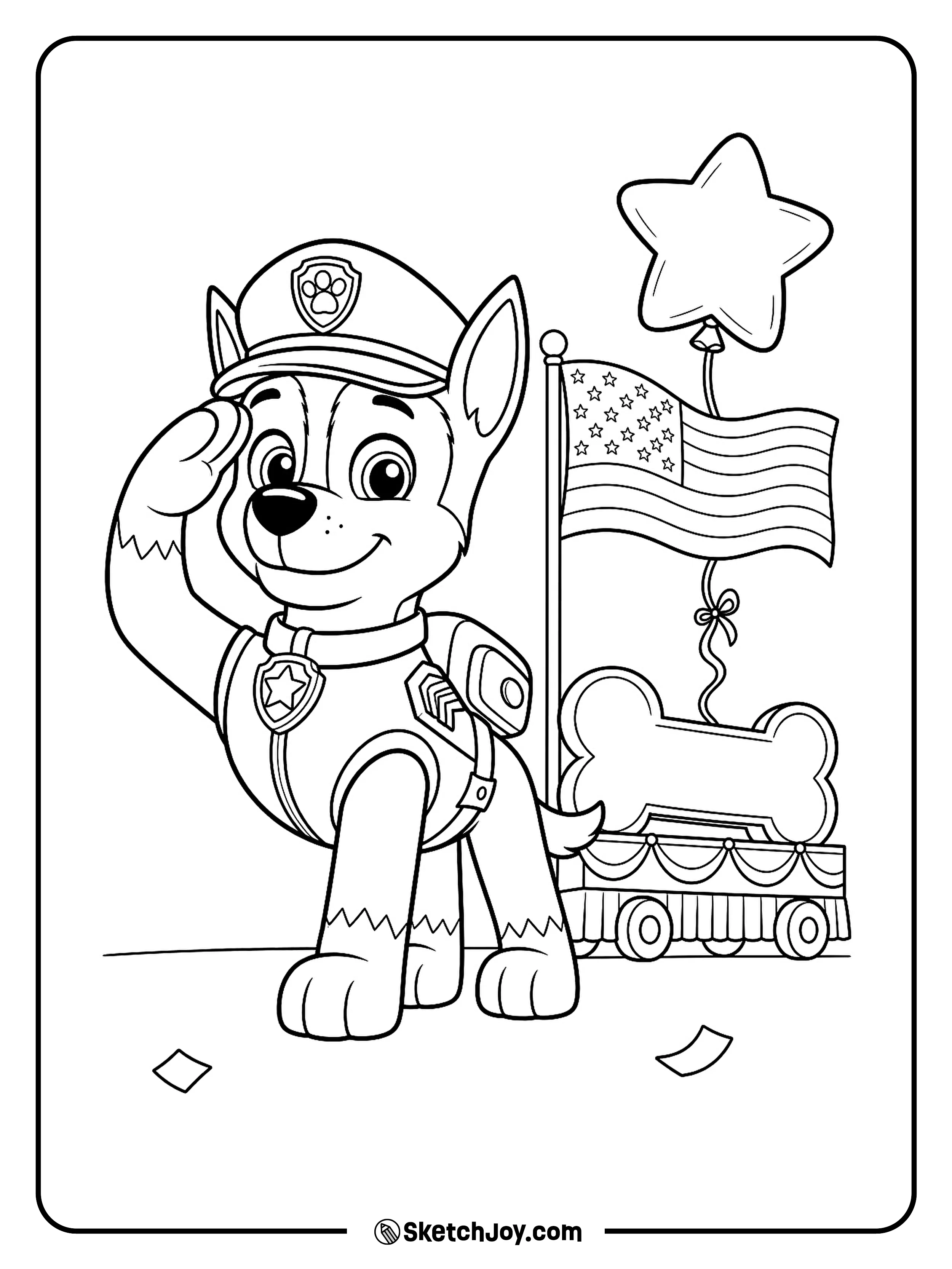 Chase gives a friendly salute beside a star parade float.