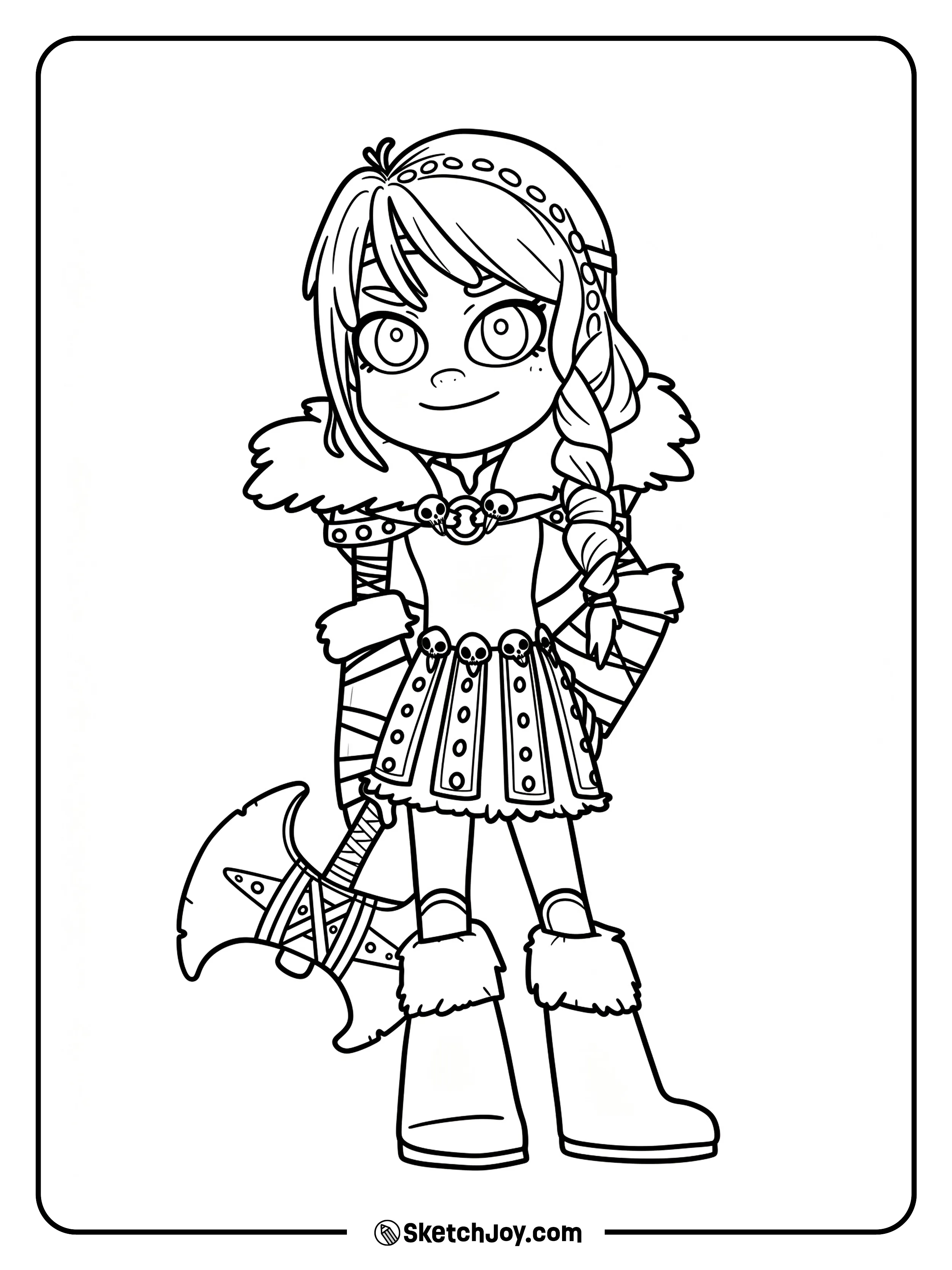 Astrid stands in a cute chibi style with her Viking outfit and axe by her side.