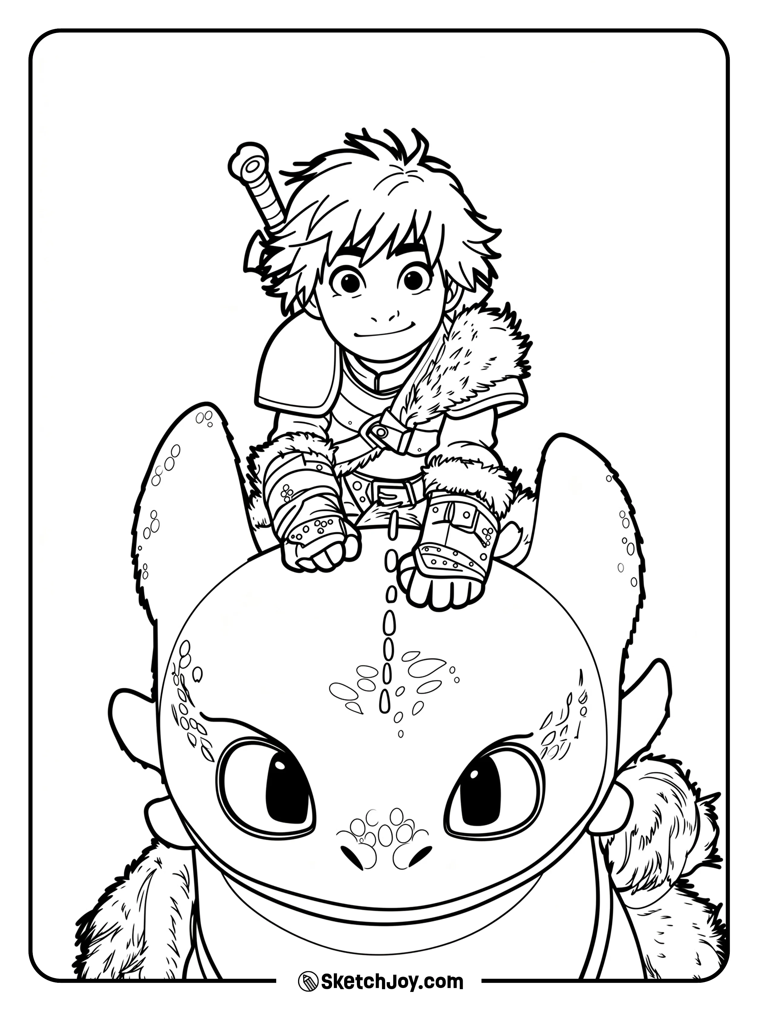 Hiccup smiles while sitting on Toothless in a fun chibi-style pose.