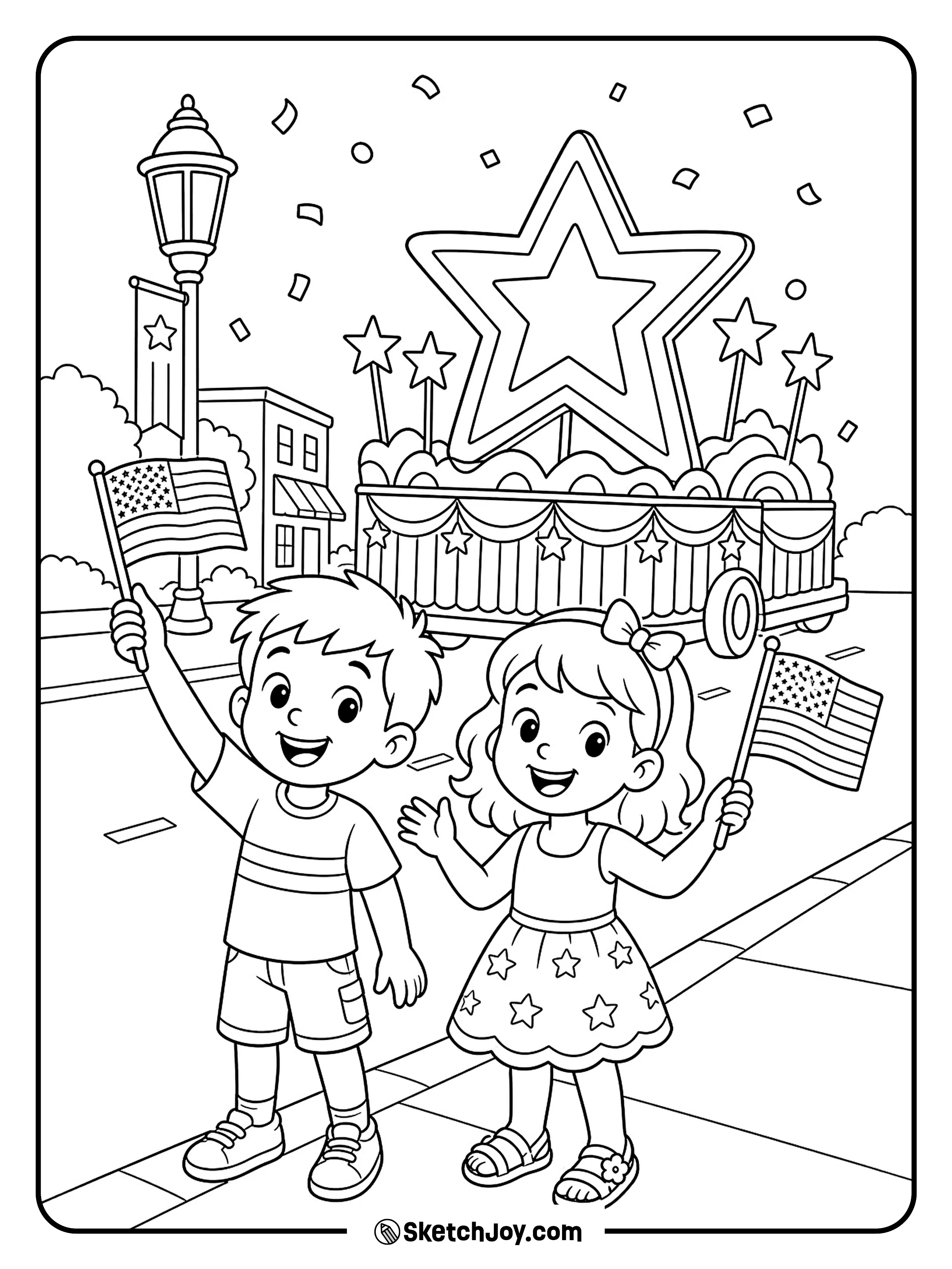 Two children wave flags as a holiday parade passes by.