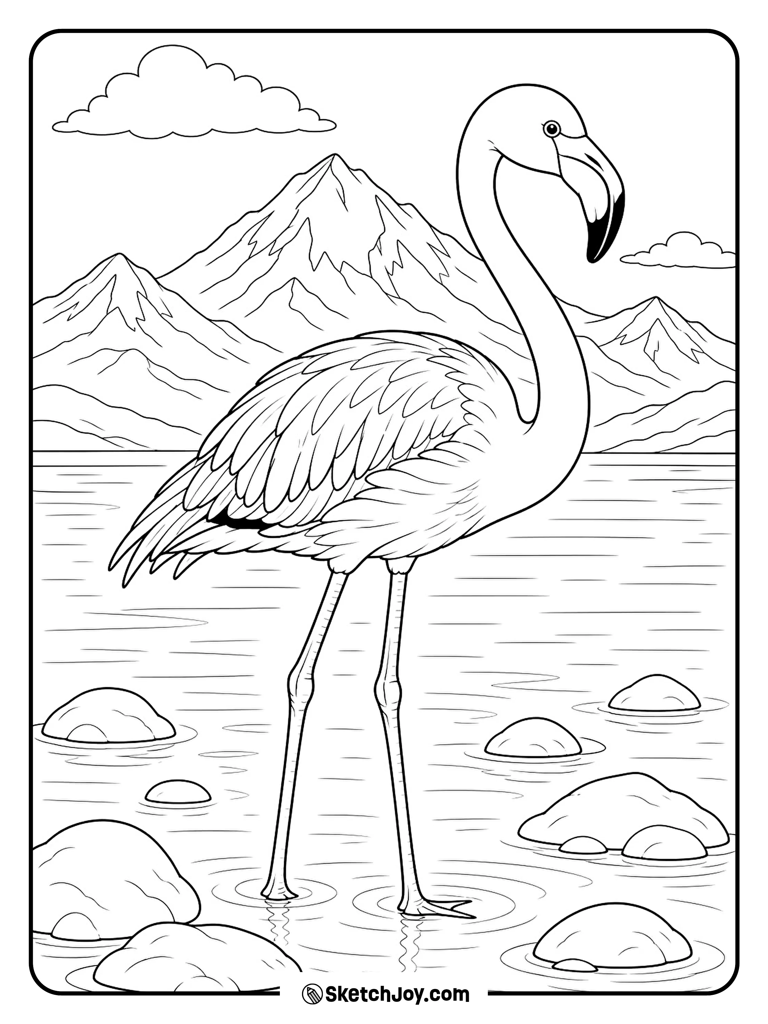 A Chilean flamingo stands in clear water below distant mountains.