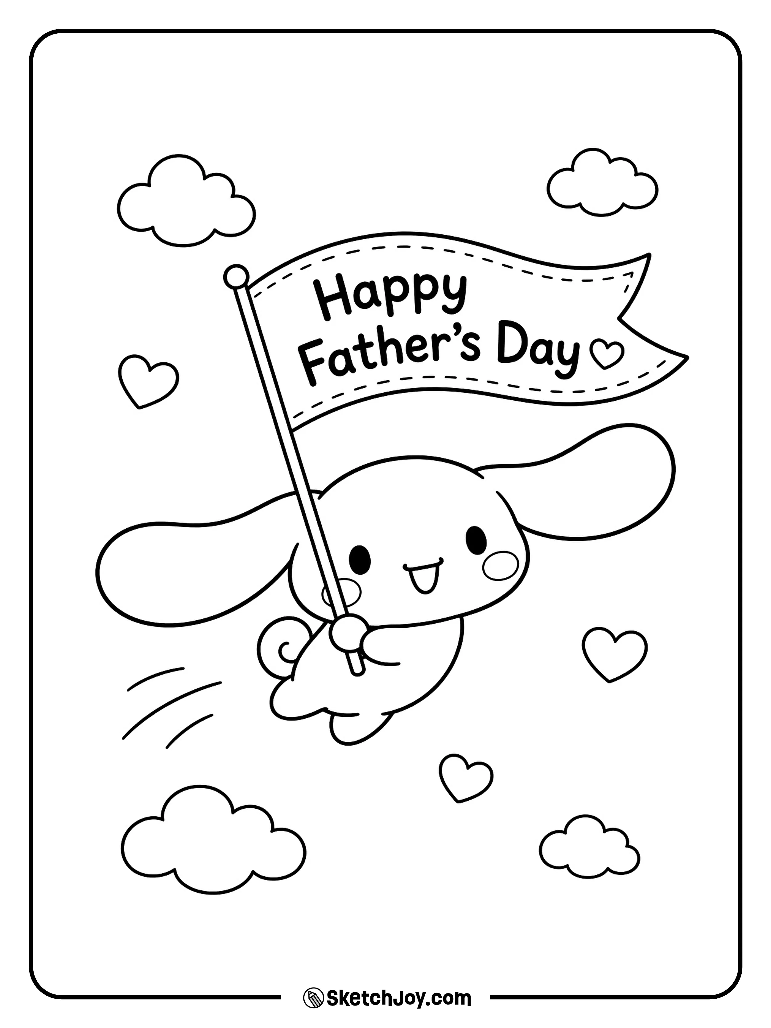 Cinnamoroll floats with a Fatherâs Day banner and a happy face.