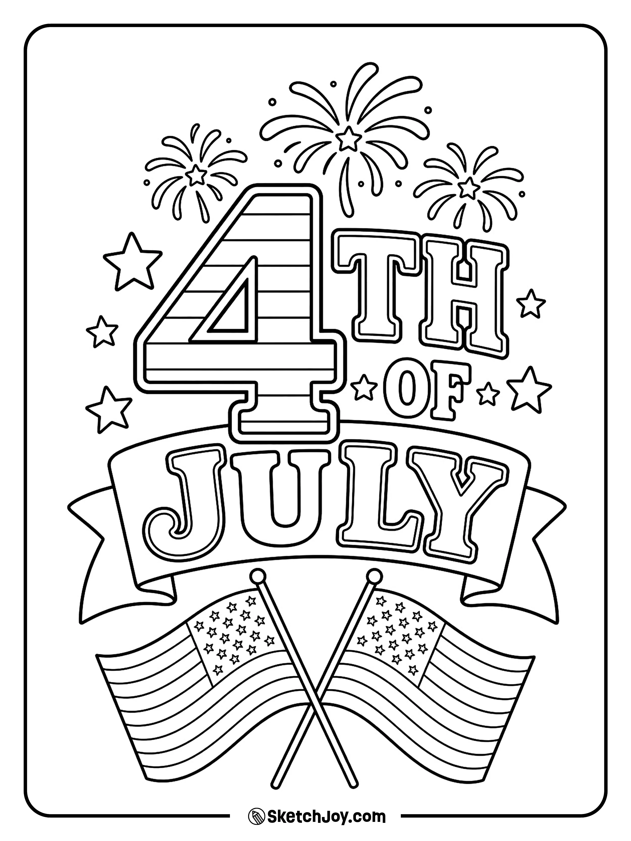 A large holiday badge combines stars, flags, and fireworks.