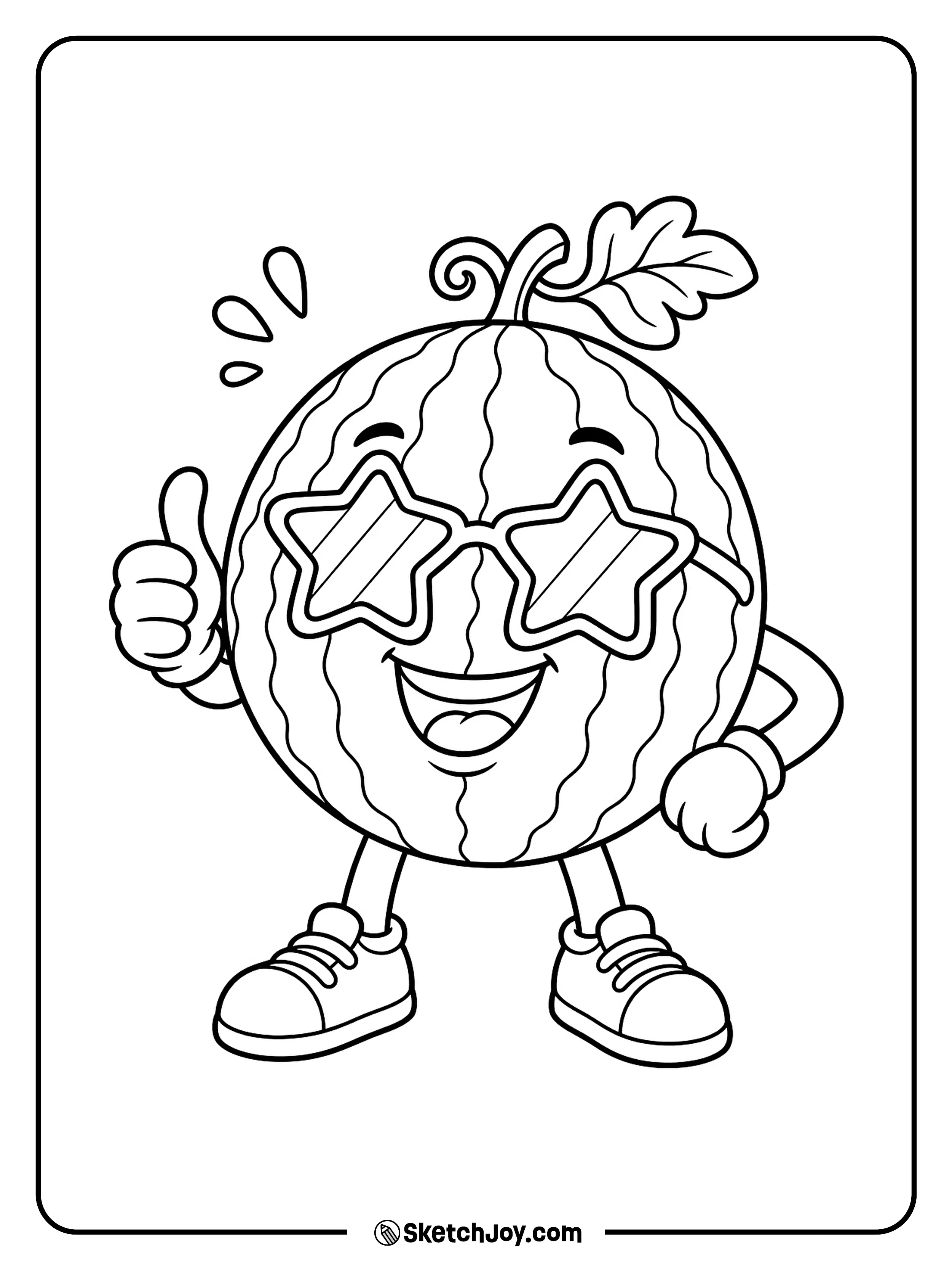 A whole watermelon wears star sunglasses and stands in a cool summer pose.