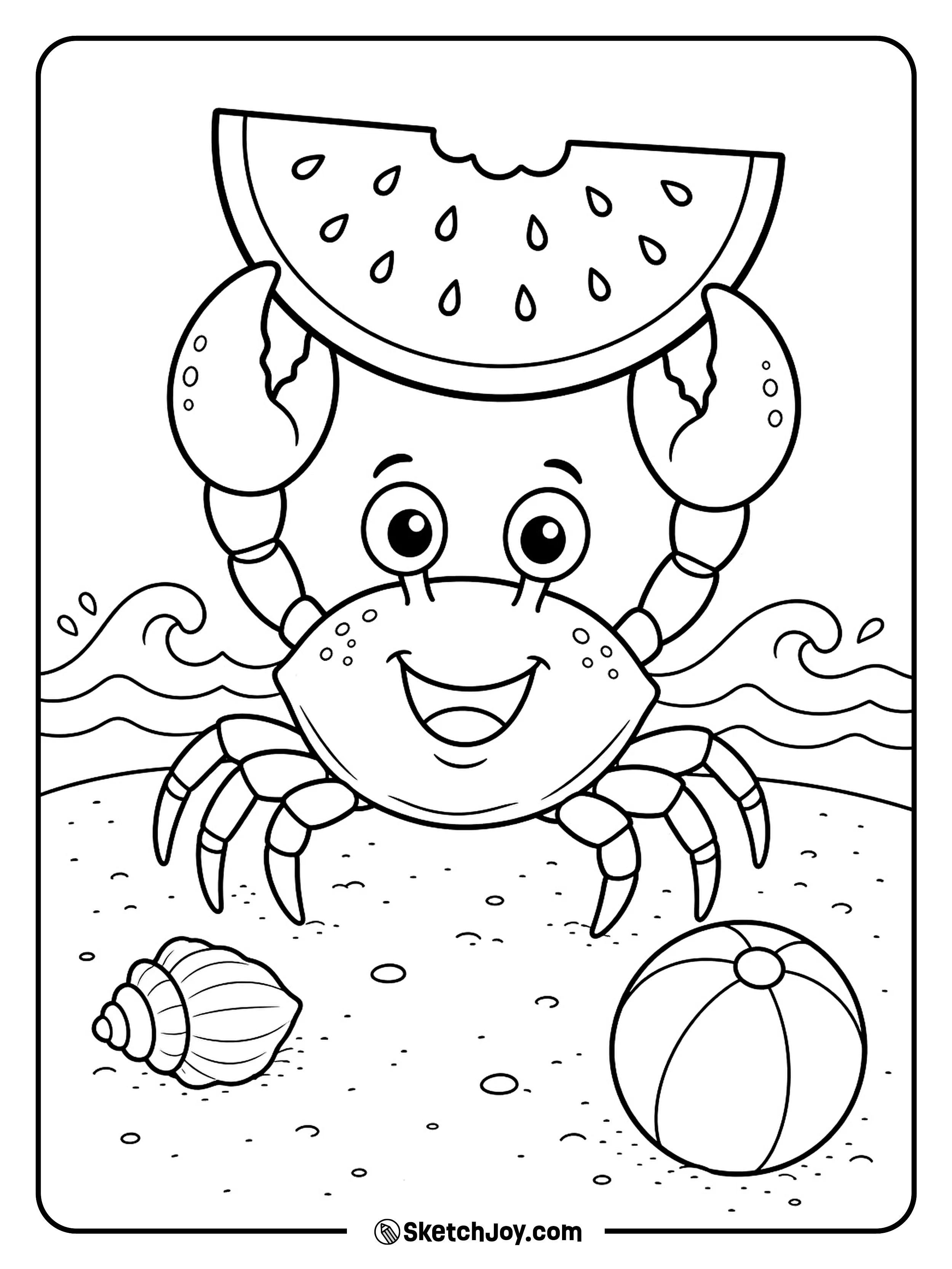 A cheerful crab lifts a watermelon slice above its head on the sand.