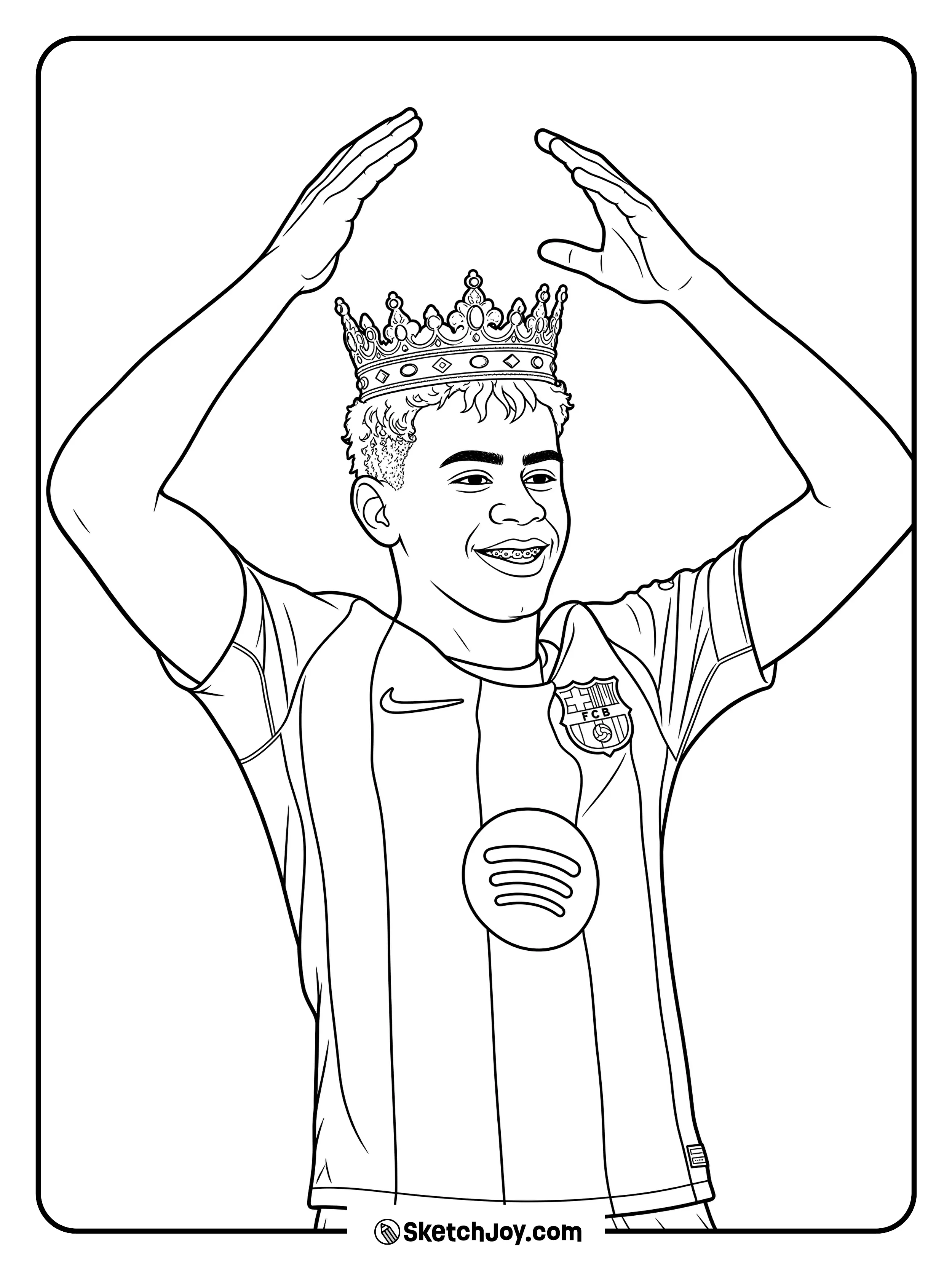 A playful royal pose with a crown, raised arms, and a club jersey.
