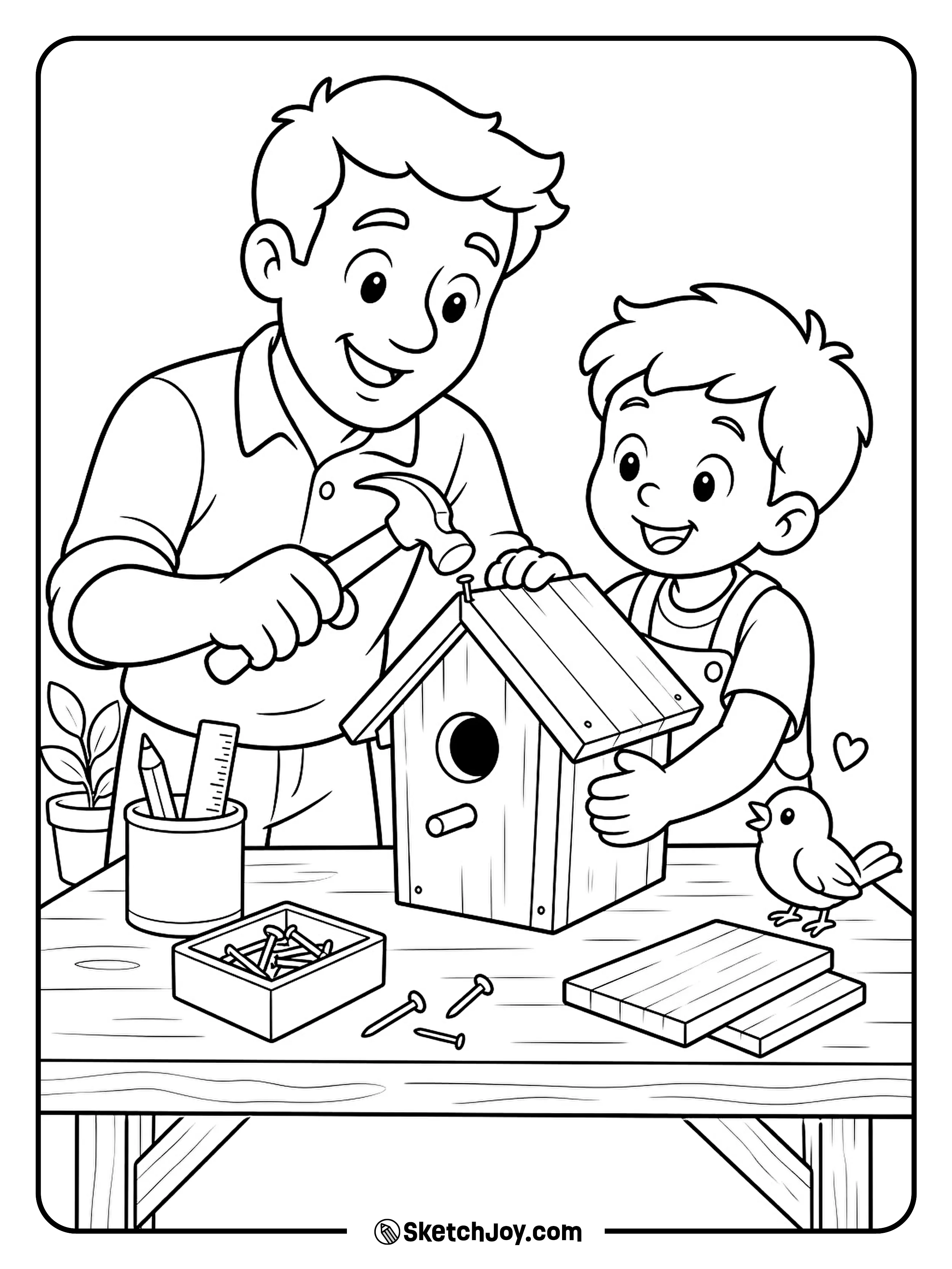 Dad and child build a small birdhouse together.