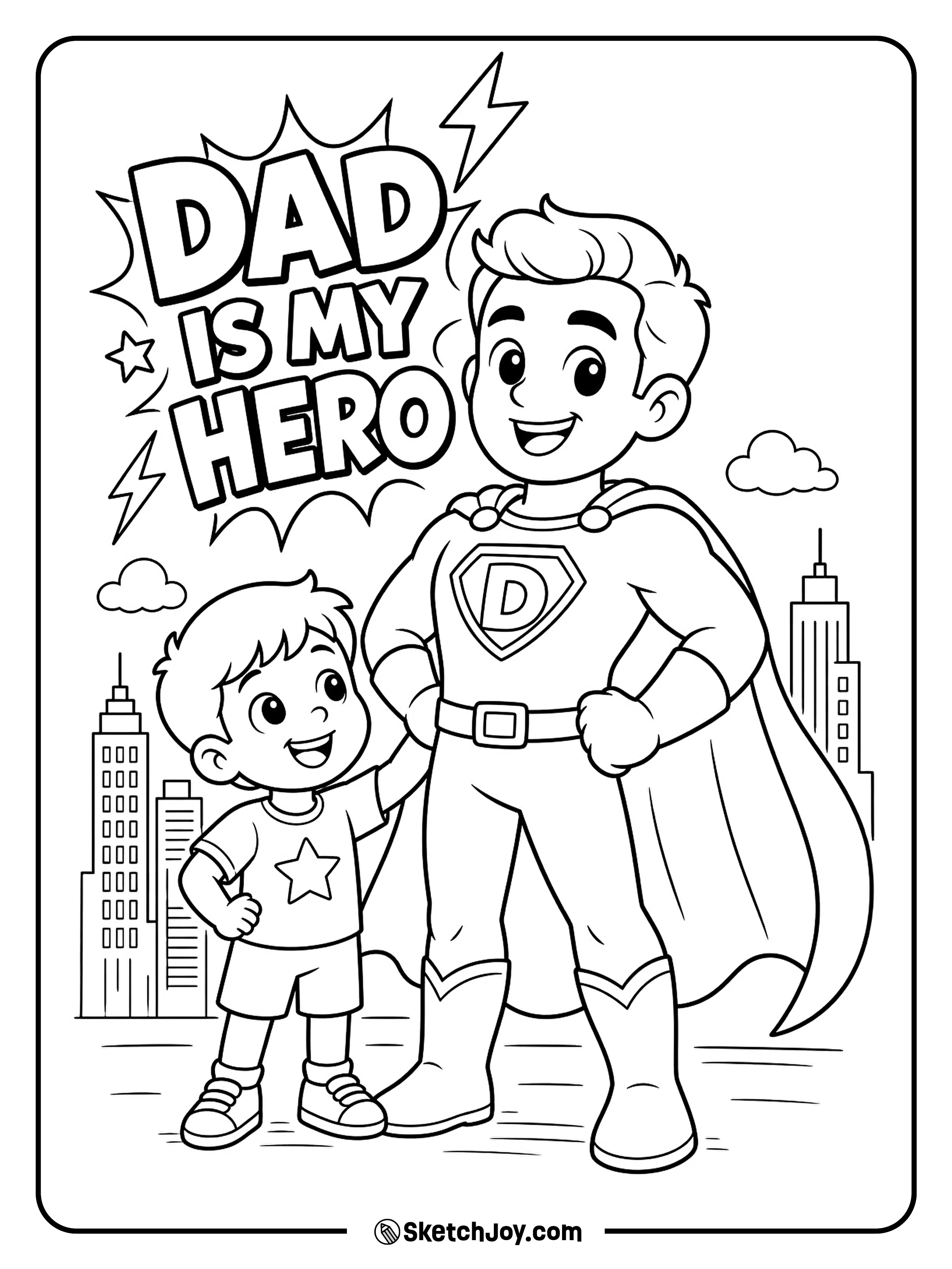 Dad wears a cape while his child cheers beside him.