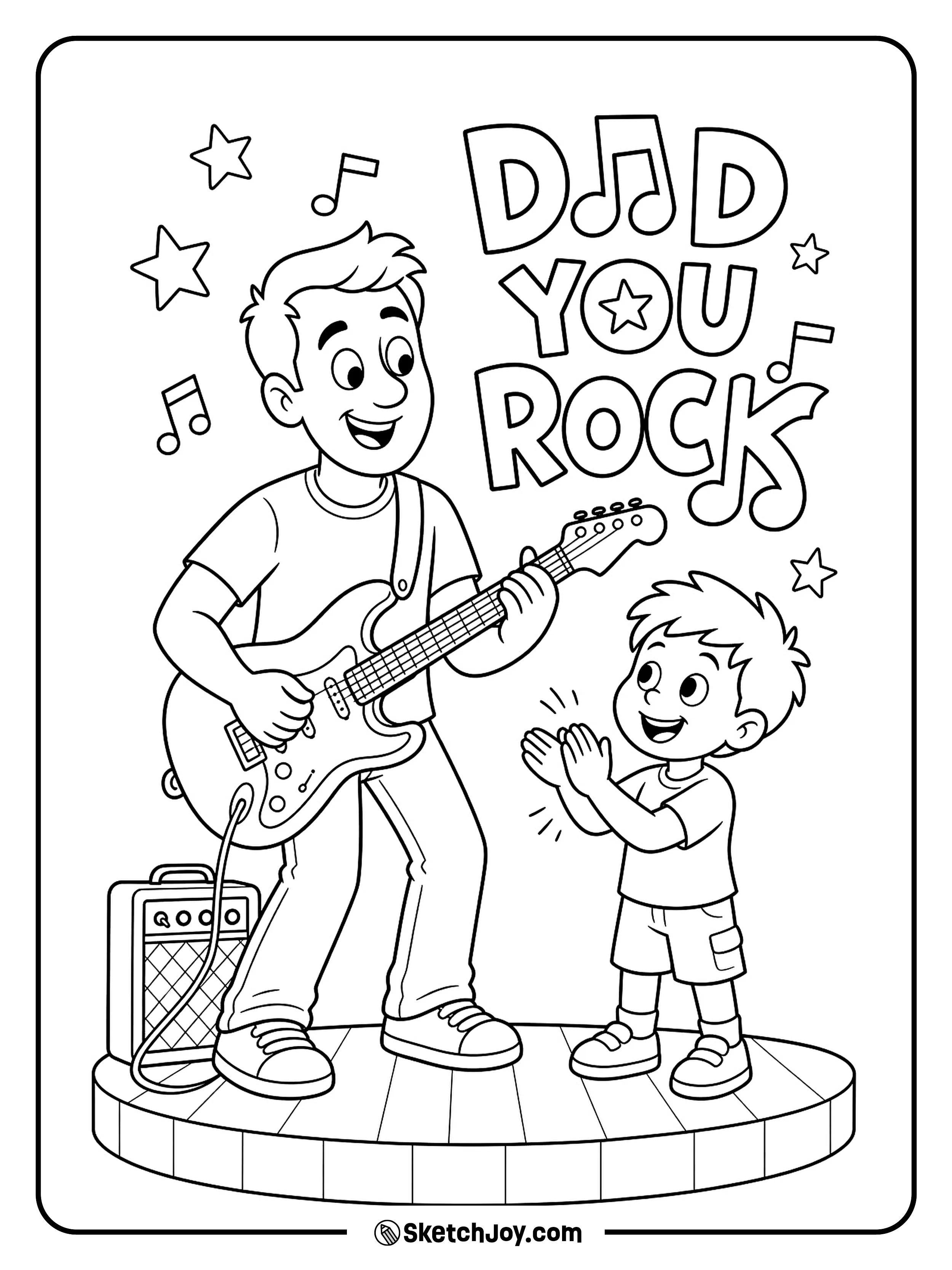 A music-loving dad plays guitar with a fun rock message.