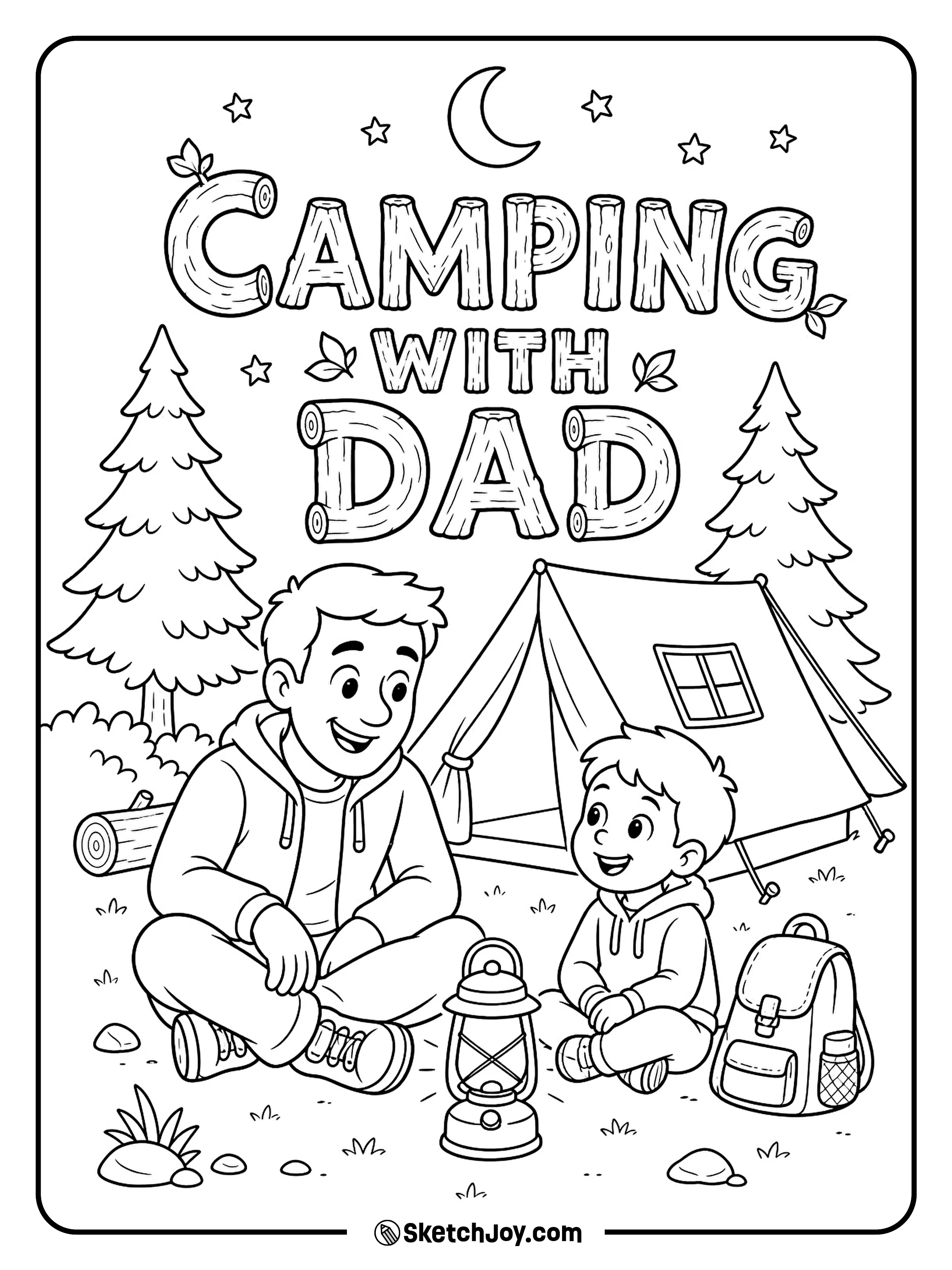 Dad and child sit by a tent and enjoy a calm camp day.