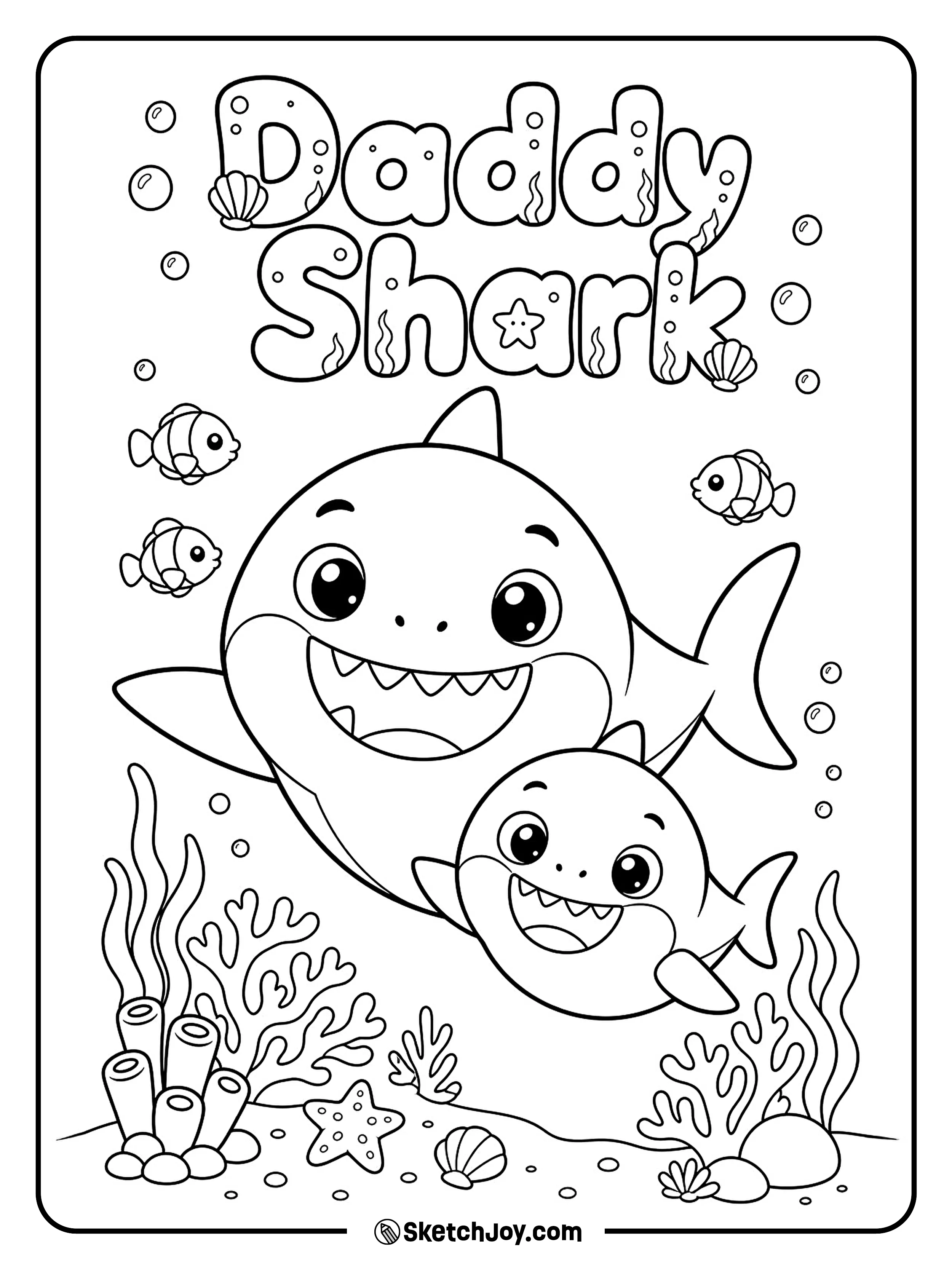A daddy shark and baby shark swim together in a cute sea scene.