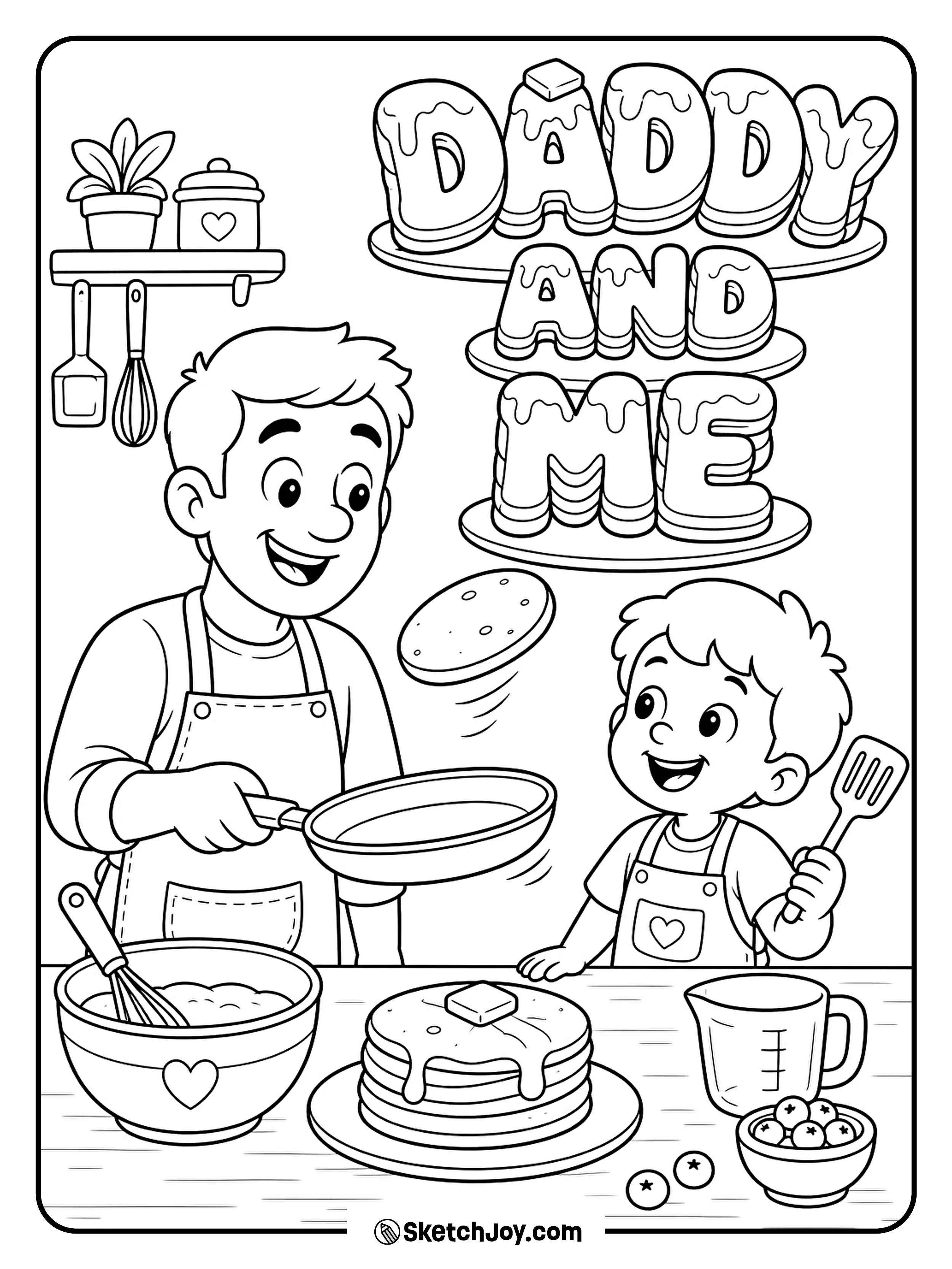 Dad and child make pancakes together in the kitchen.