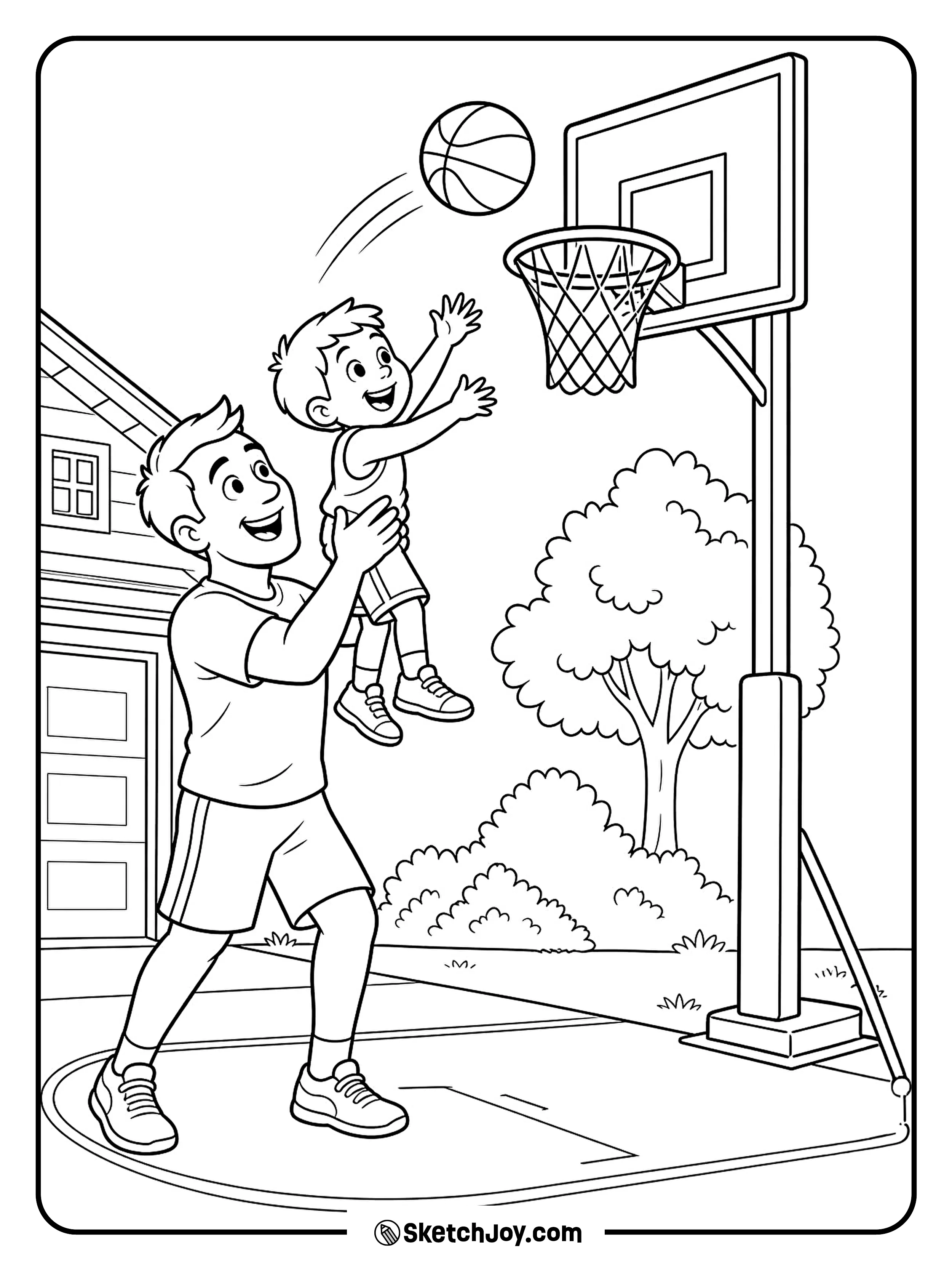 Dad helps a child shoot a basketball toward the hoop.