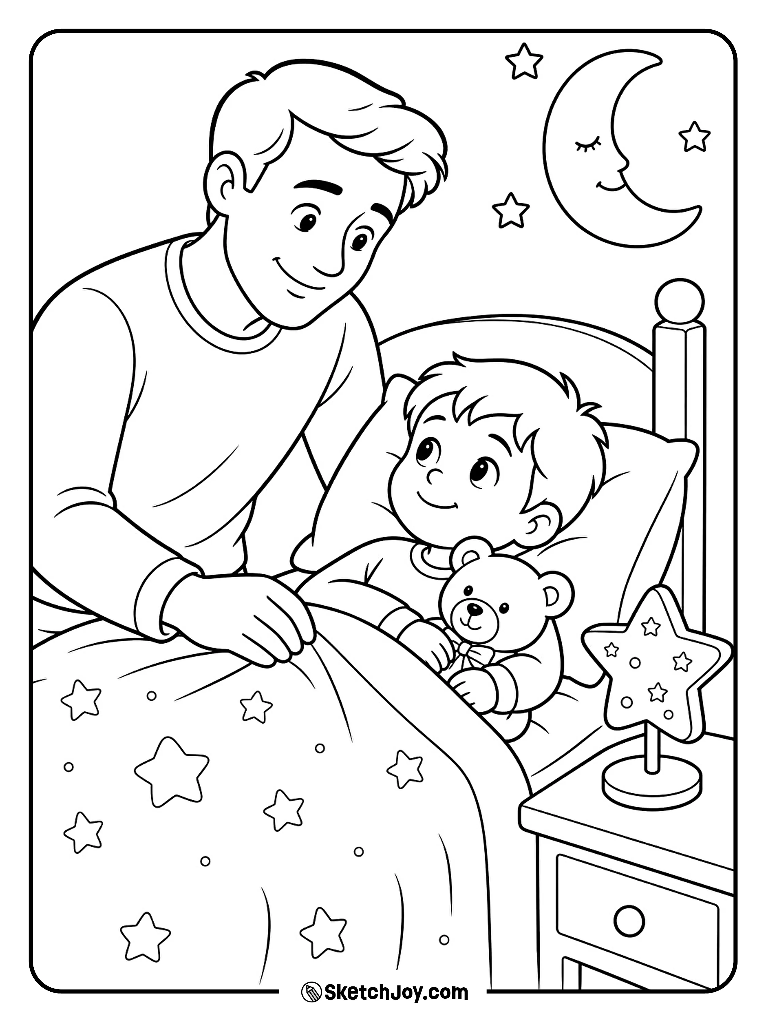 Dad tucks a child into bed under a small star lamp.