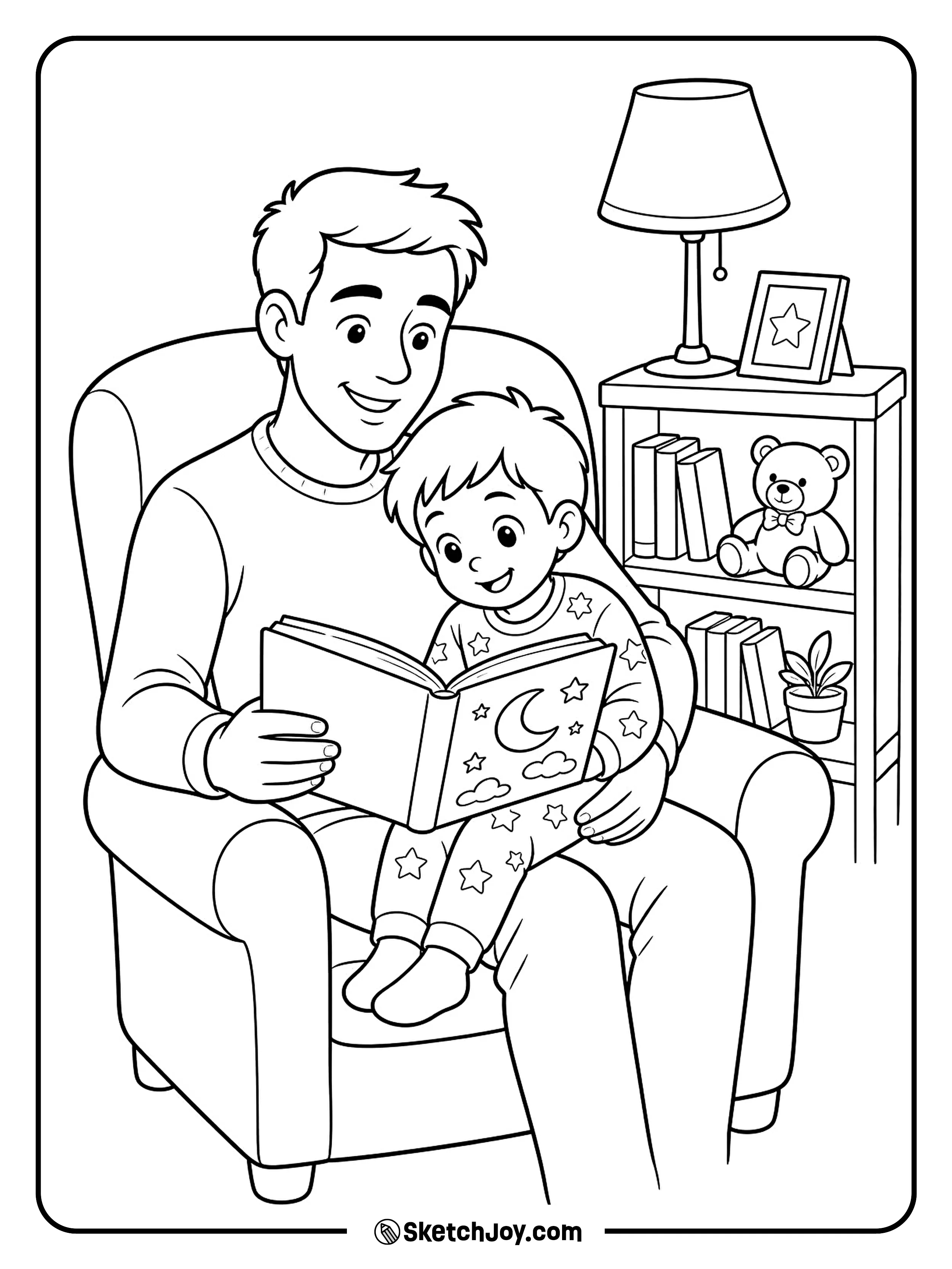 Dad reads a book with his child on a soft chair.