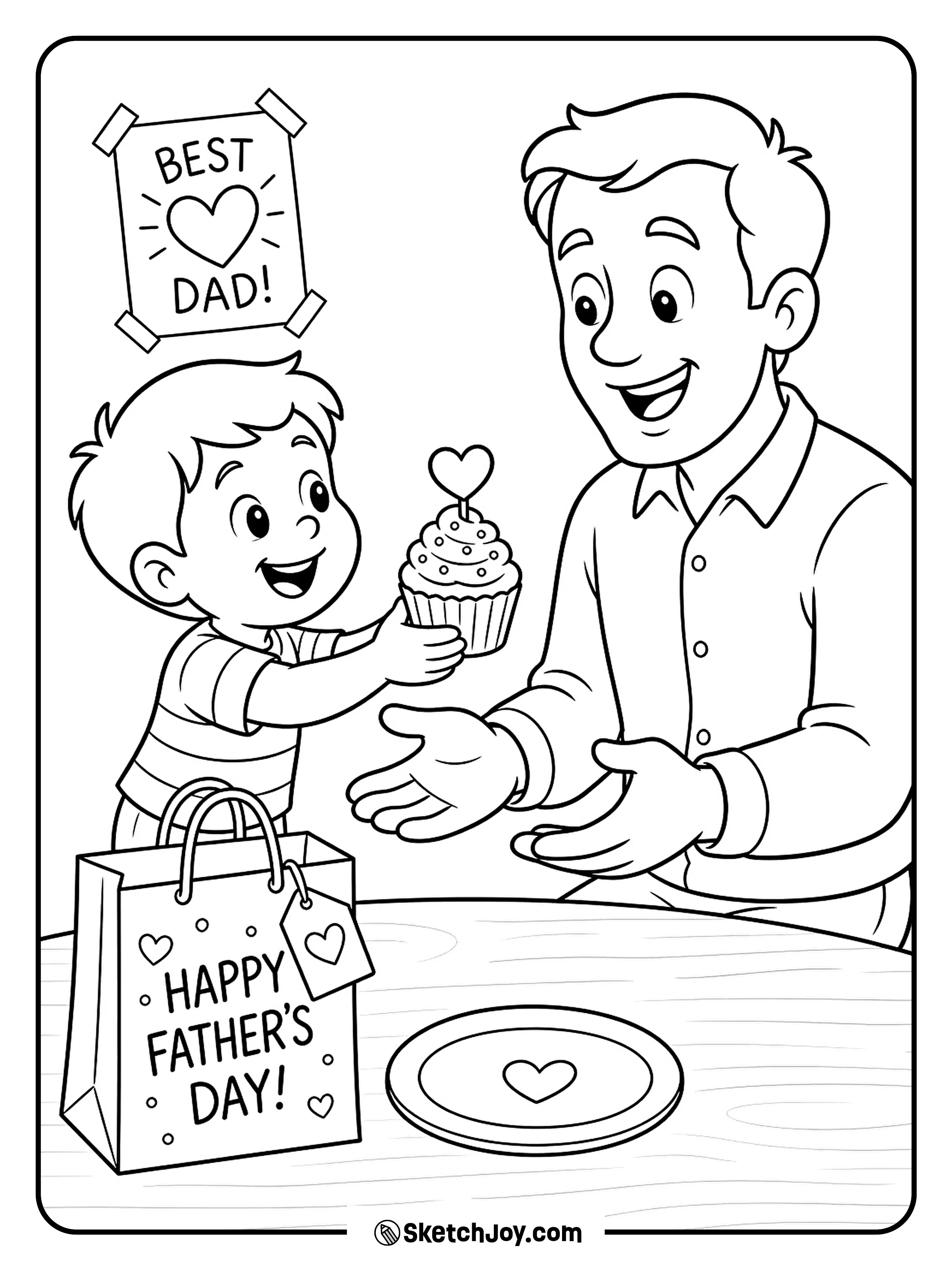 A child gives Dad a cupcake with a tiny heart topper.