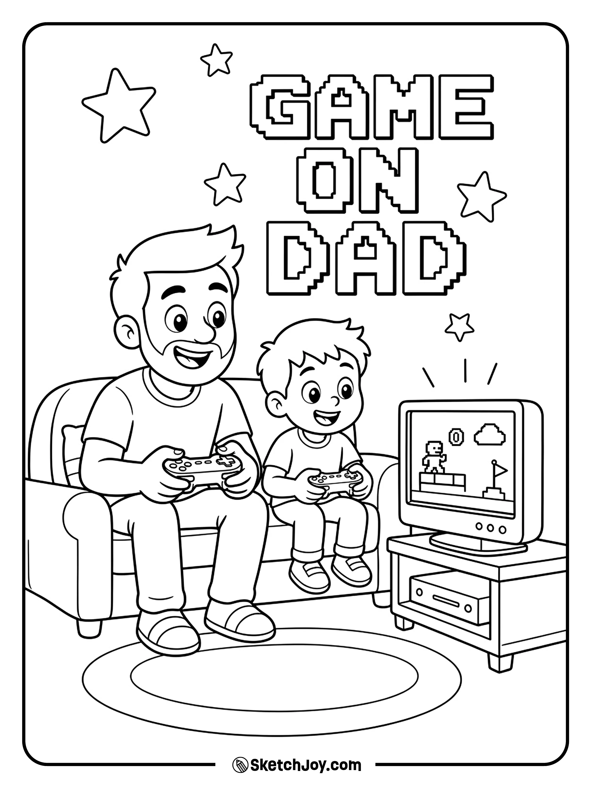 Dad and child play a video game together on the sofa.
