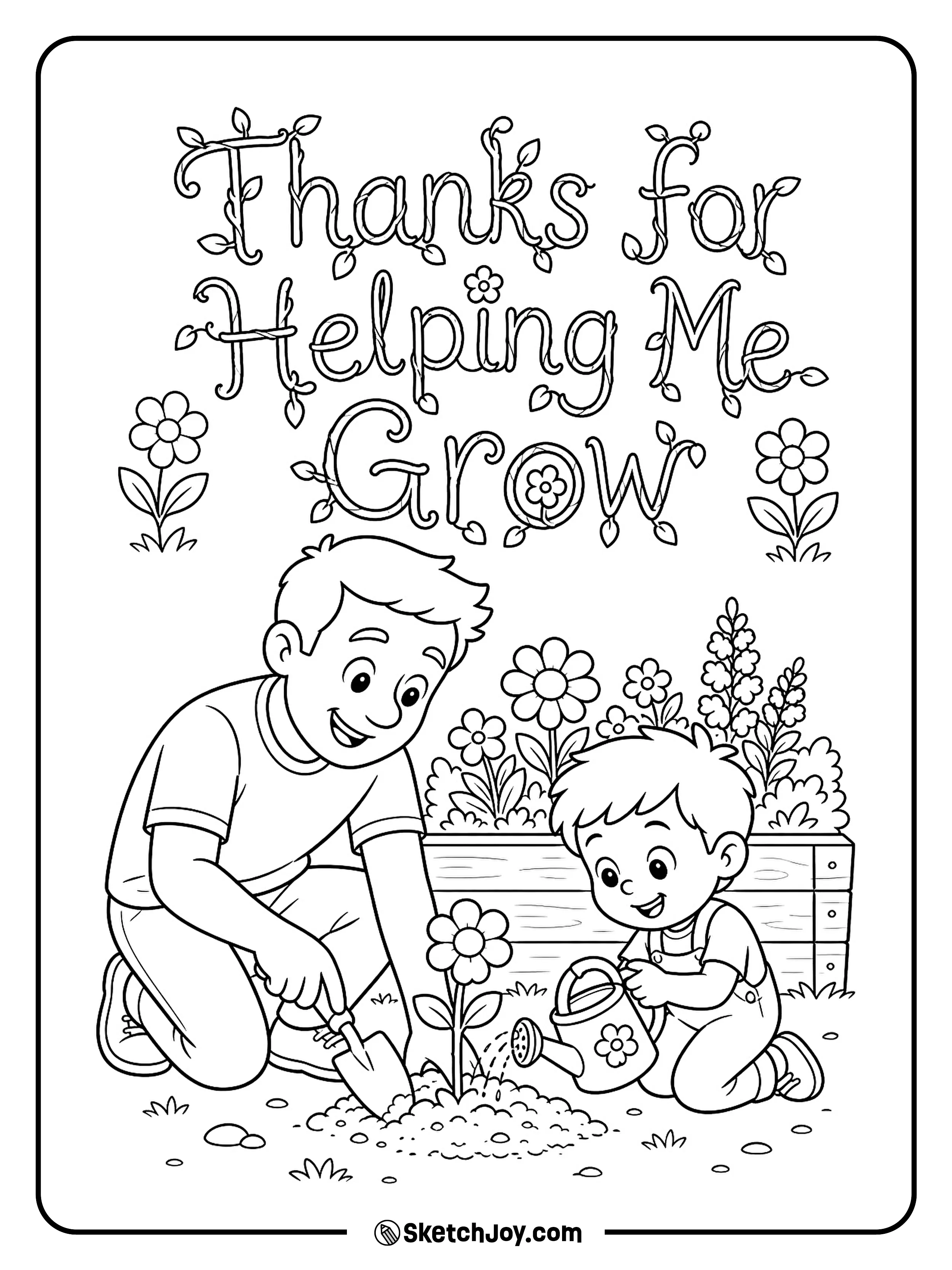 Dad and child plant flowers together in the garden.