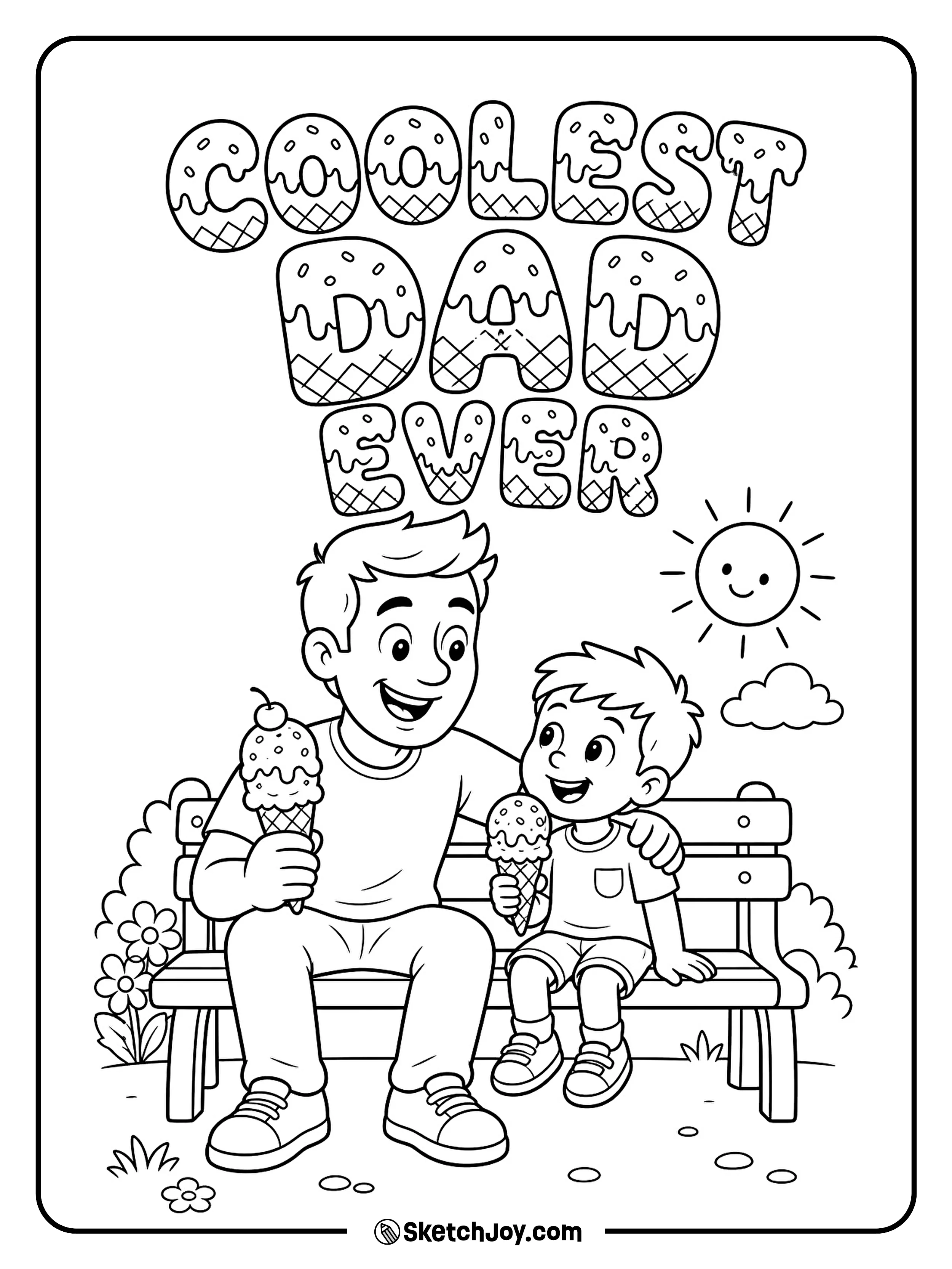 Dad and child enjoy ice cream cones on a happy day.