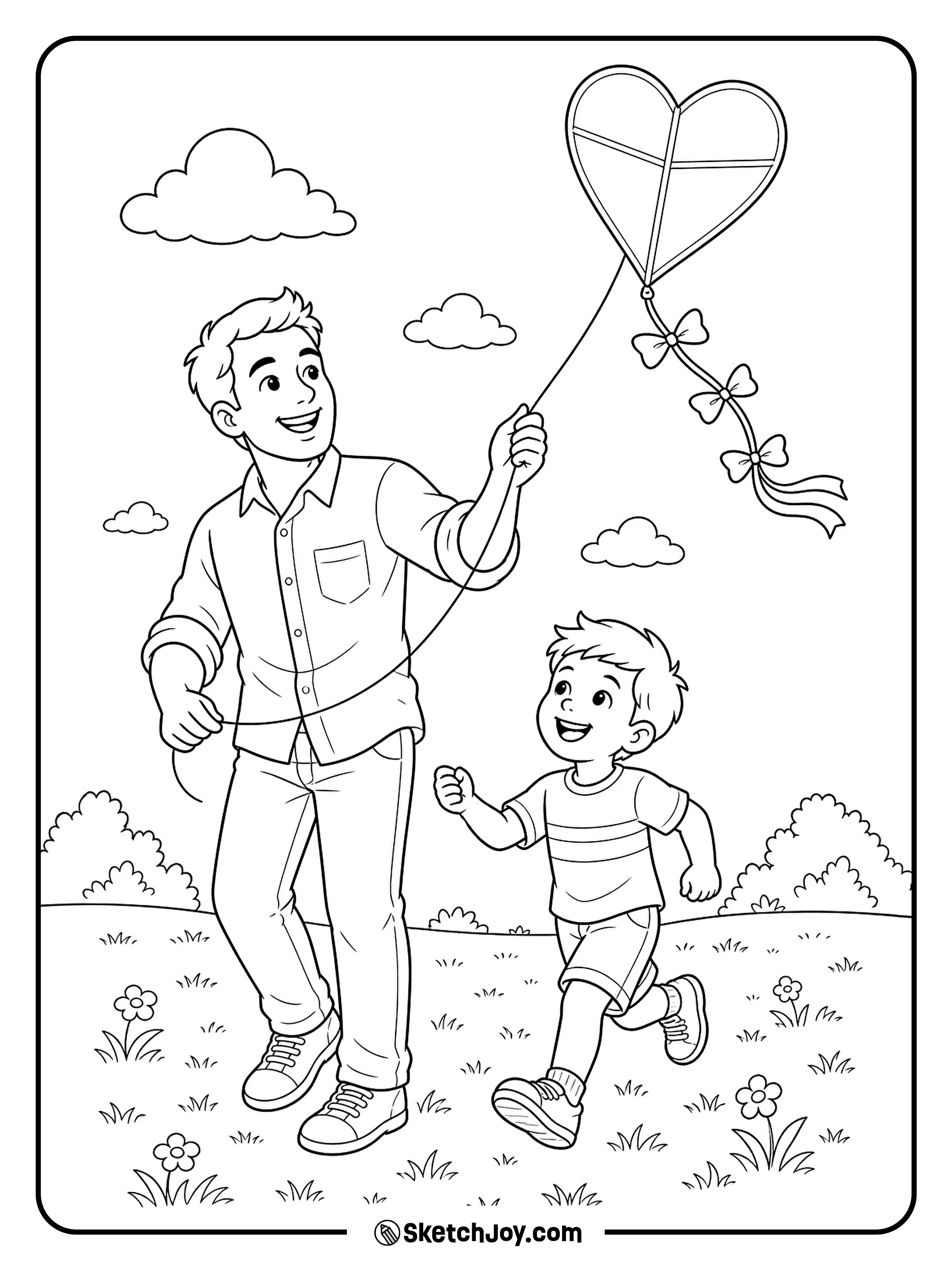 Dad and child fly a kite in a light outdoor scene.